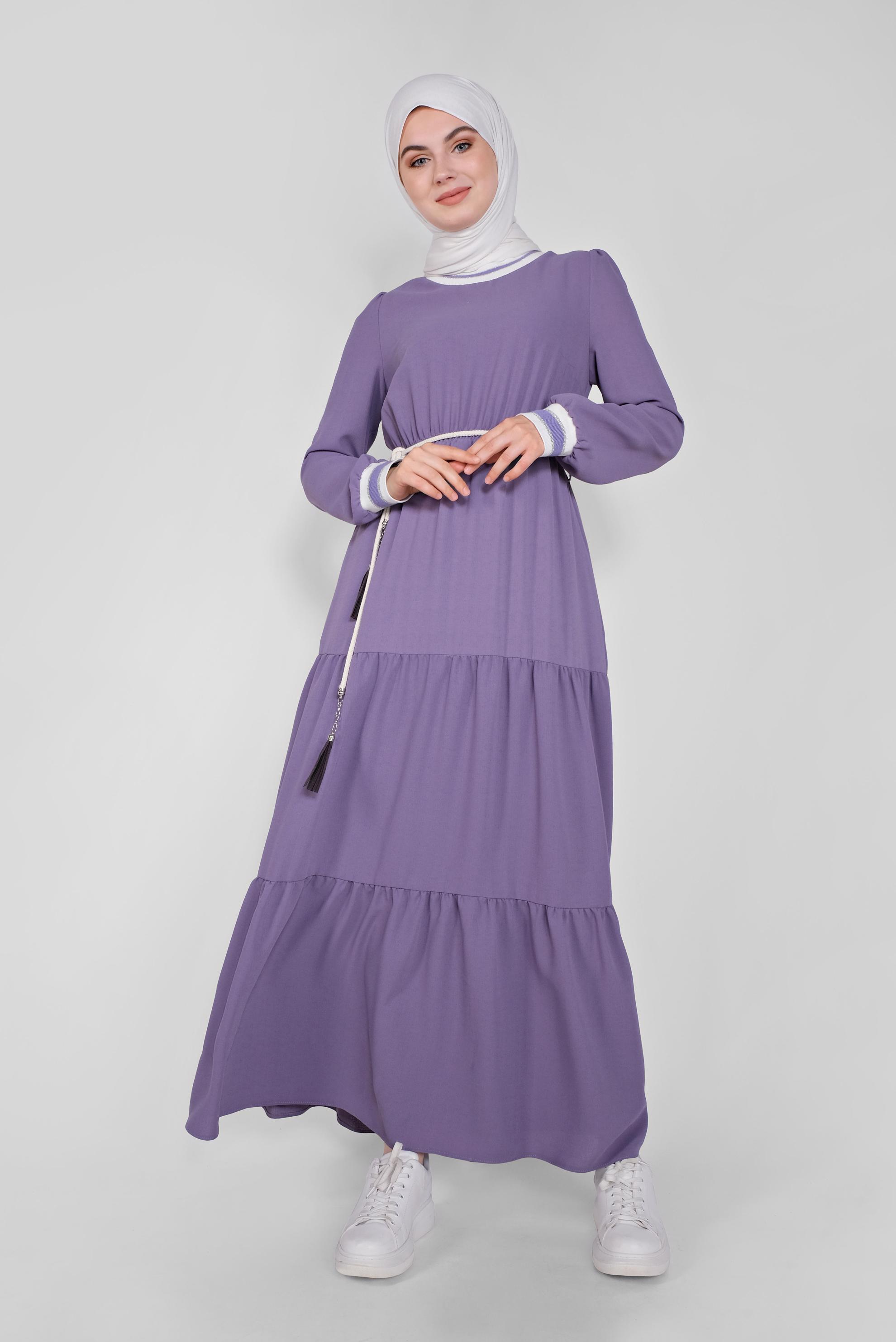 Tesettür giyim MOR MANŞETLERİ LASTİKLİ ELBİSE 41382
