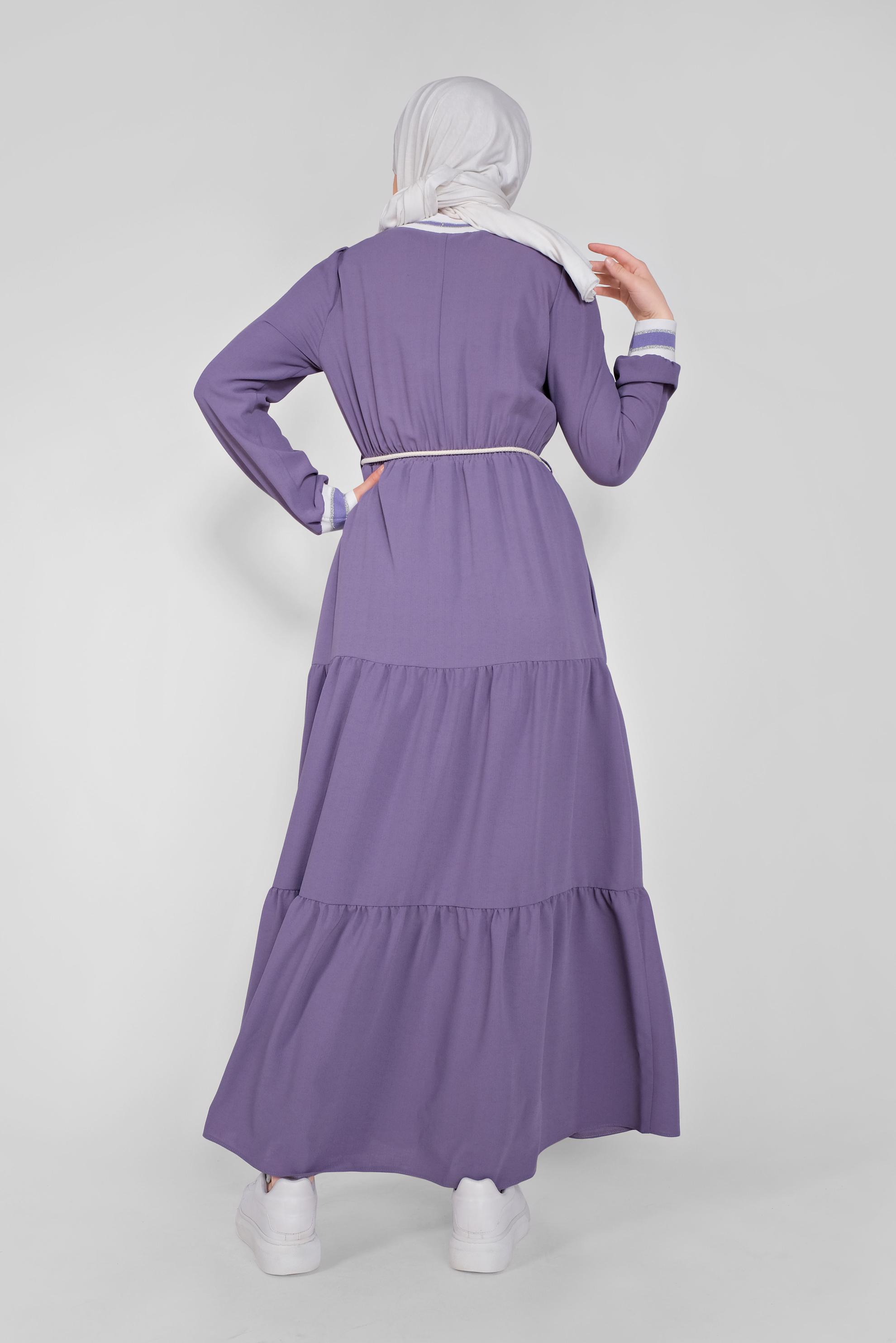 Tesettür giyim MOR MANŞETLERİ LASTİKLİ ELBİSE 41382