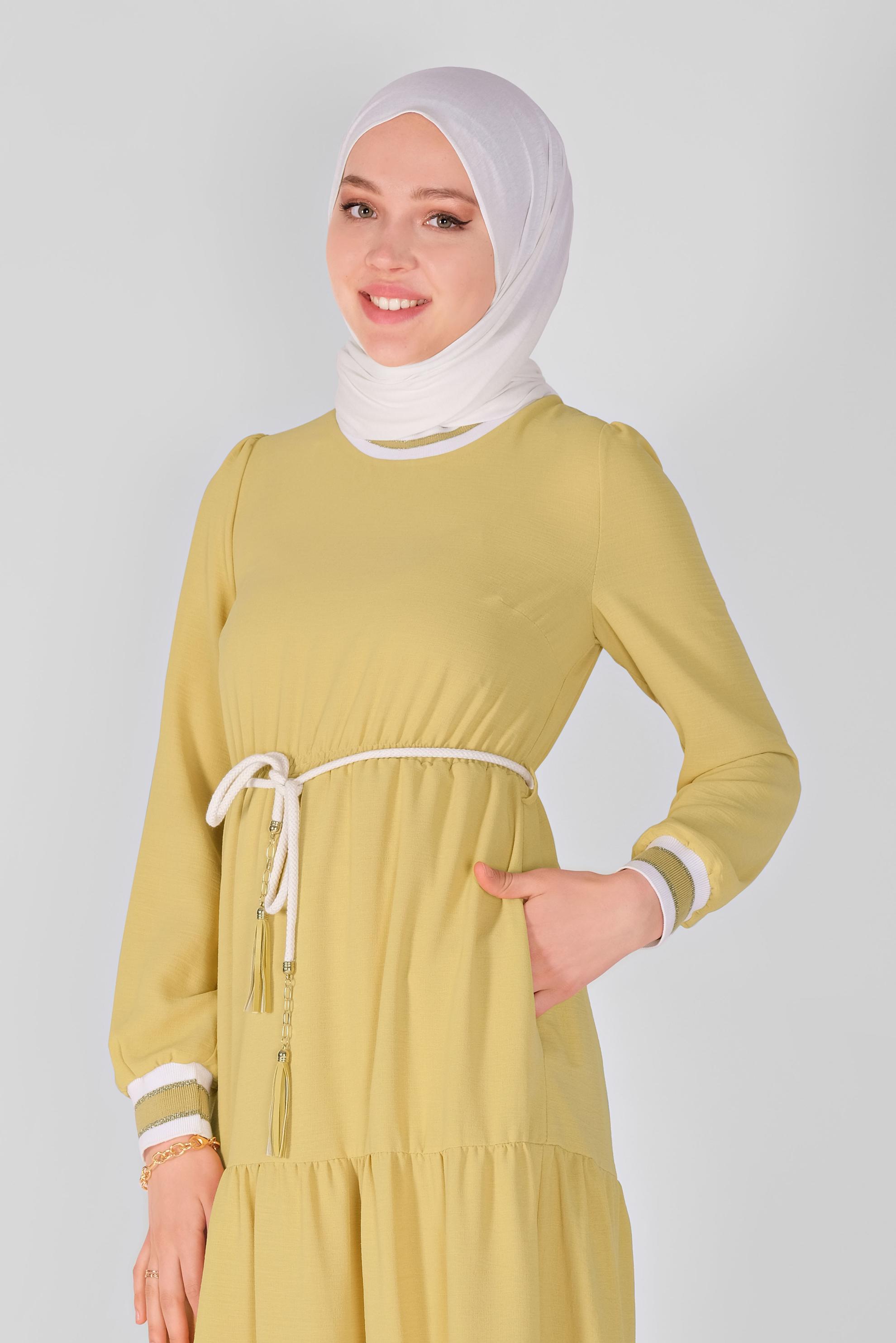 Tesettür giyim SARI MANŞETLERİ LASTİKLİ ELBİSE 41382