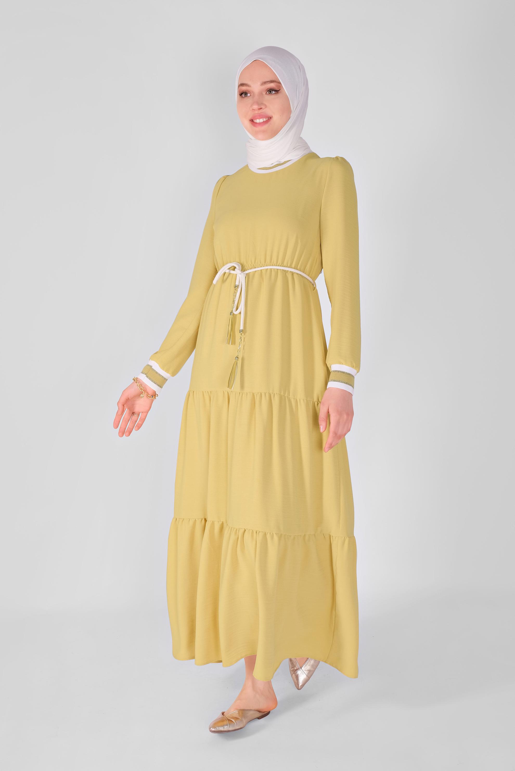 Tesettür giyim SARI MANŞETLERİ LASTİKLİ ELBİSE 41382