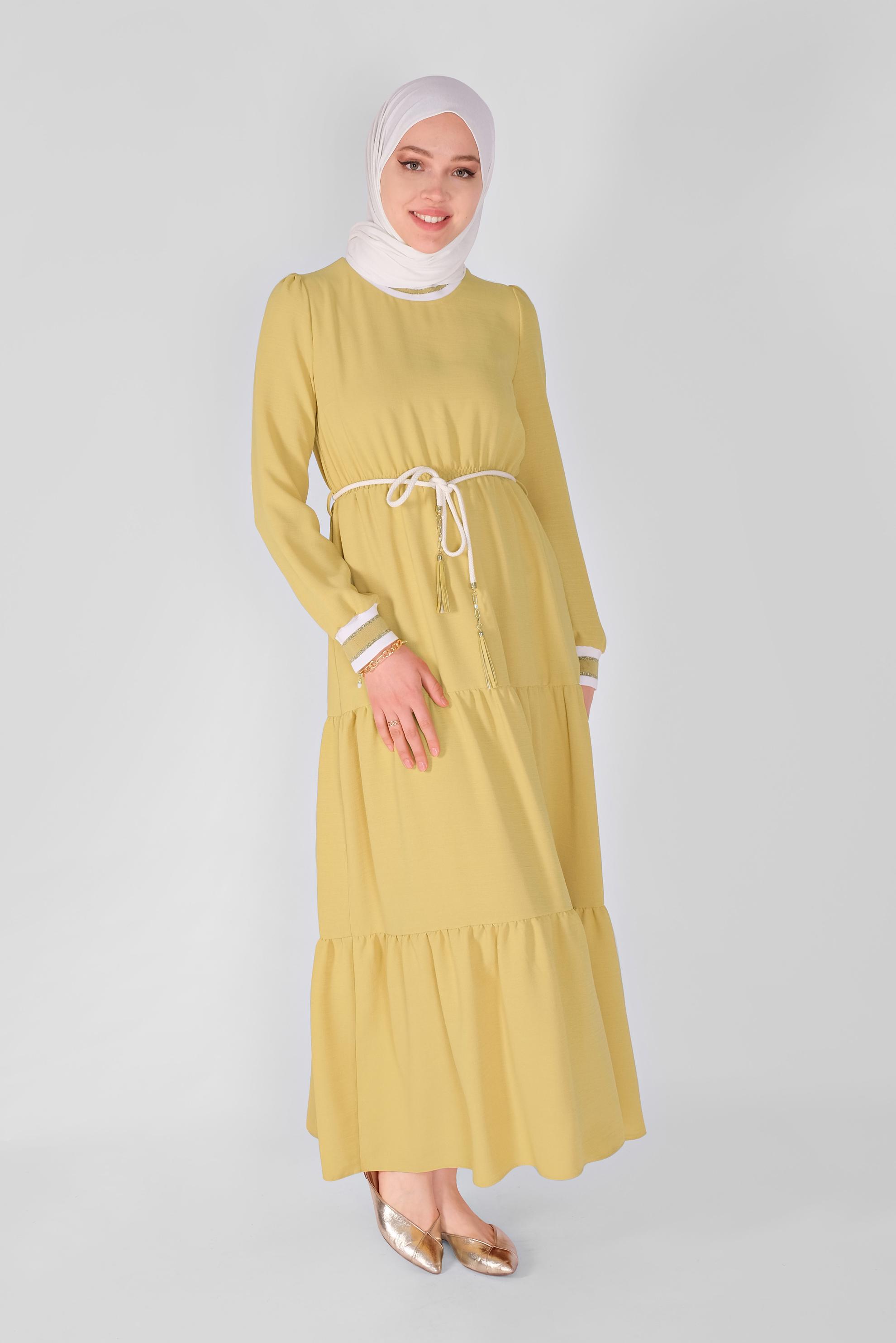 Tesettür giyim SARI MANŞETLERİ LASTİKLİ ELBİSE 41382
