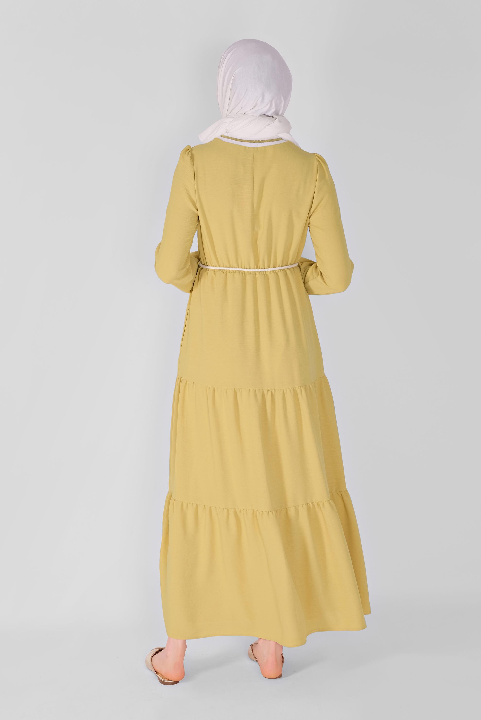 Tesettür giyim SARI MANŞETLERİ LASTİKLİ ELBİSE 41382