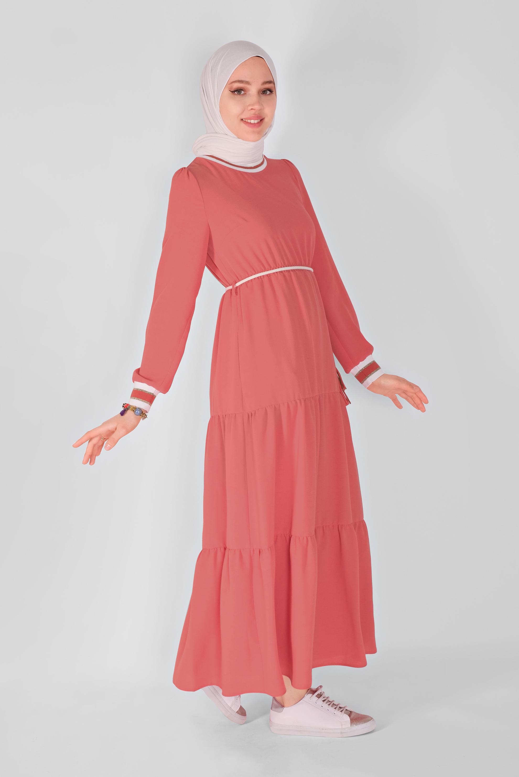 Tesettür giyim MERCAN MANŞETLERİ LASTİKLİ ELBİSE 41382