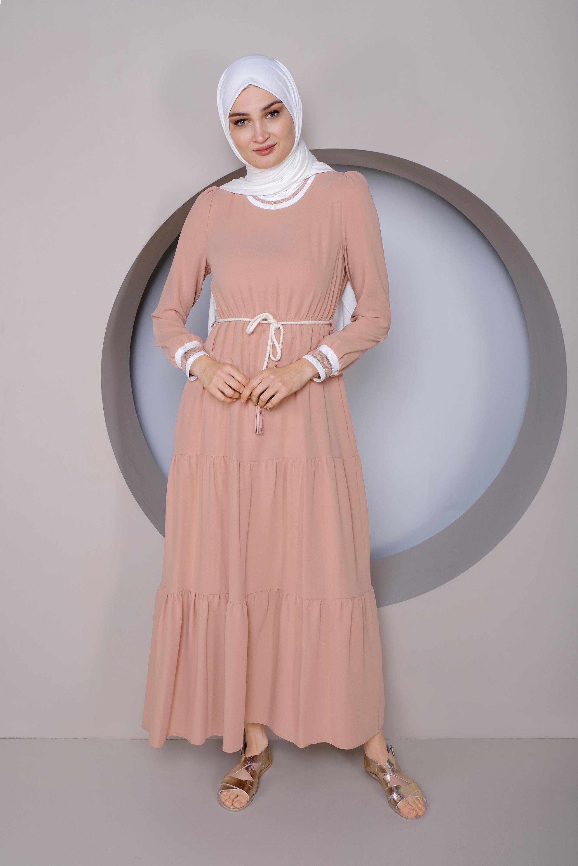 Tesettür giyim PUDRA MANŞETLERİ LASTİKLİ ELBİSE 41382