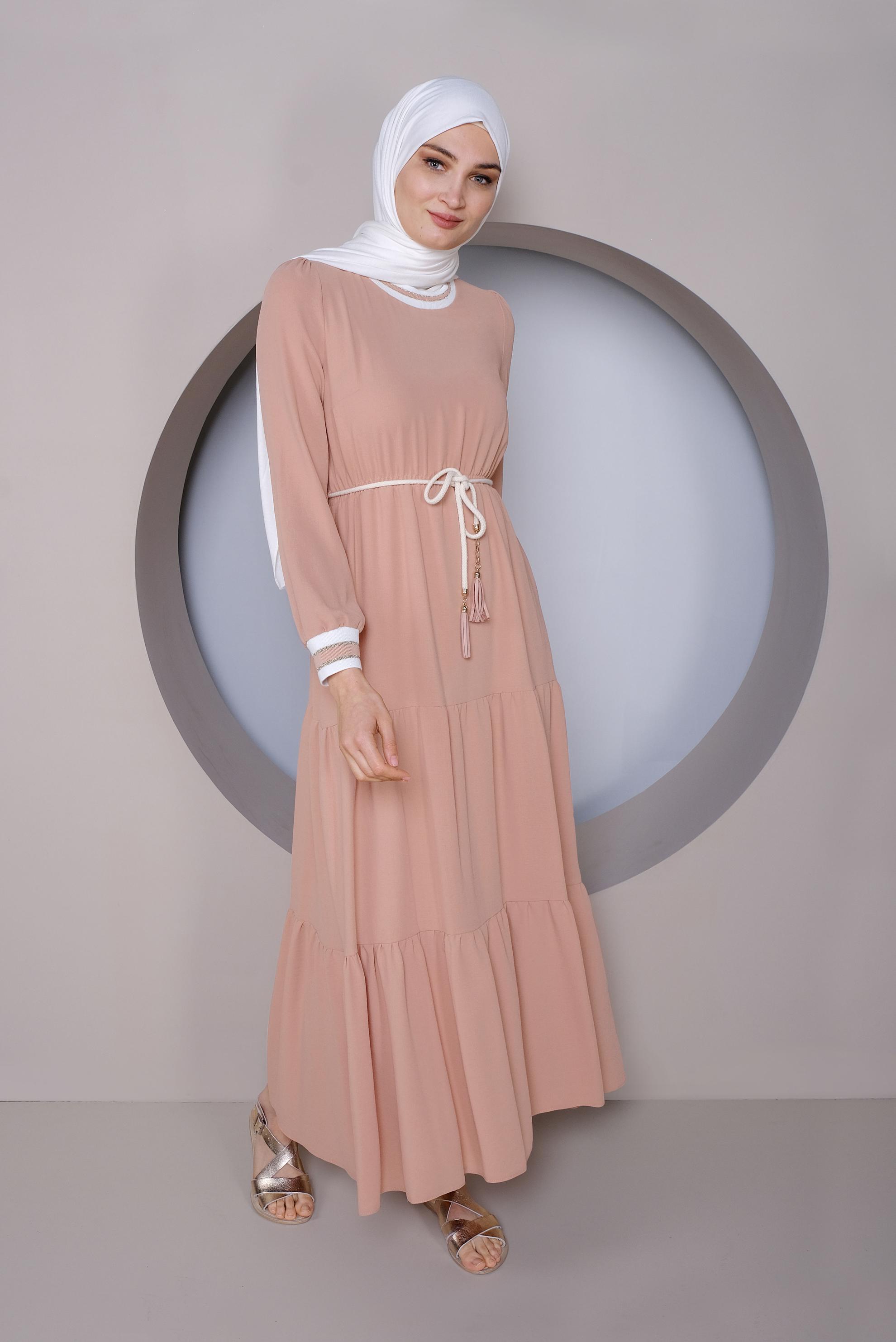 Tesettür giyim PUDRA MANŞETLERİ LASTİKLİ ELBİSE 41382