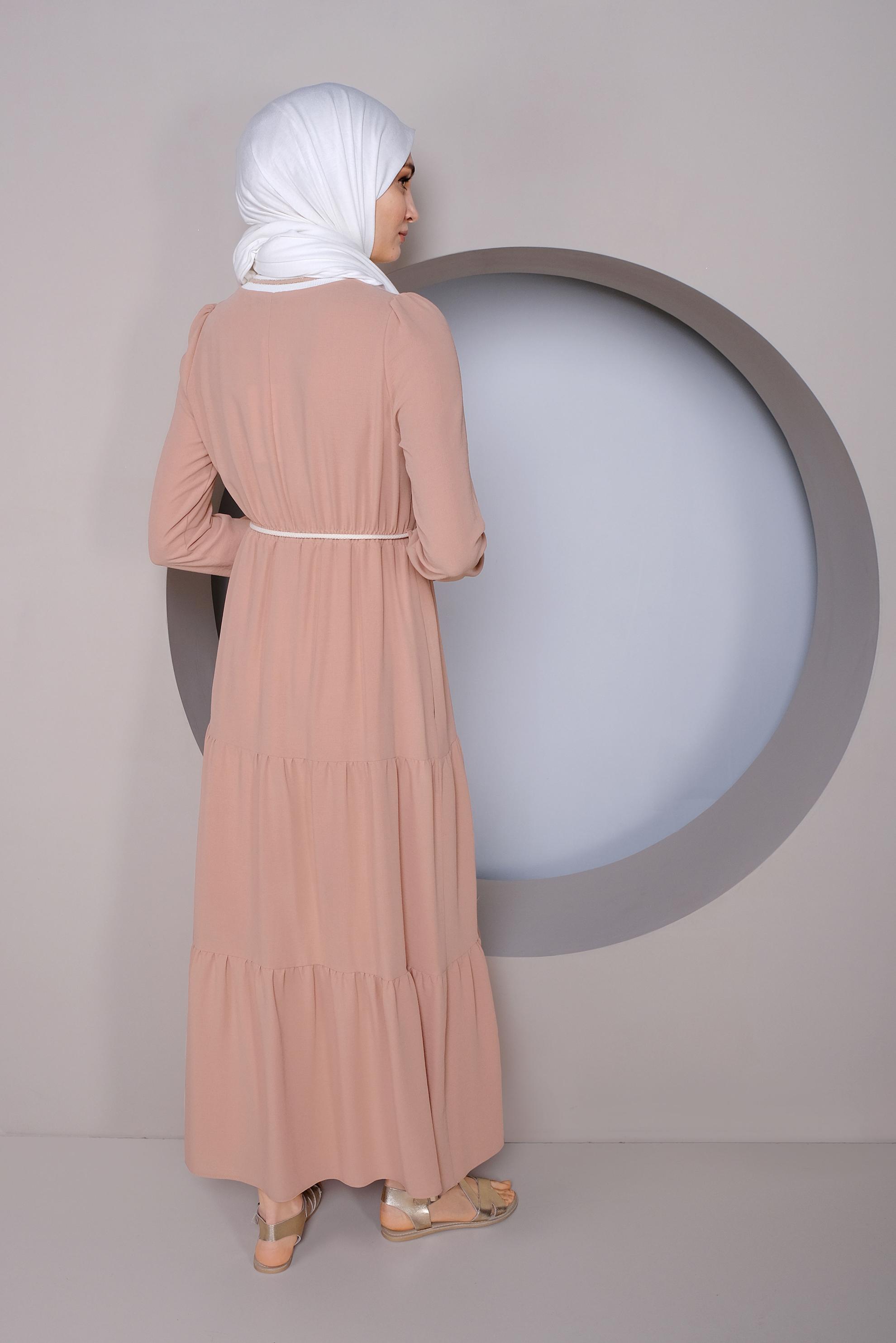 Tesettür giyim PUDRA MANŞETLERİ LASTİKLİ ELBİSE 41382