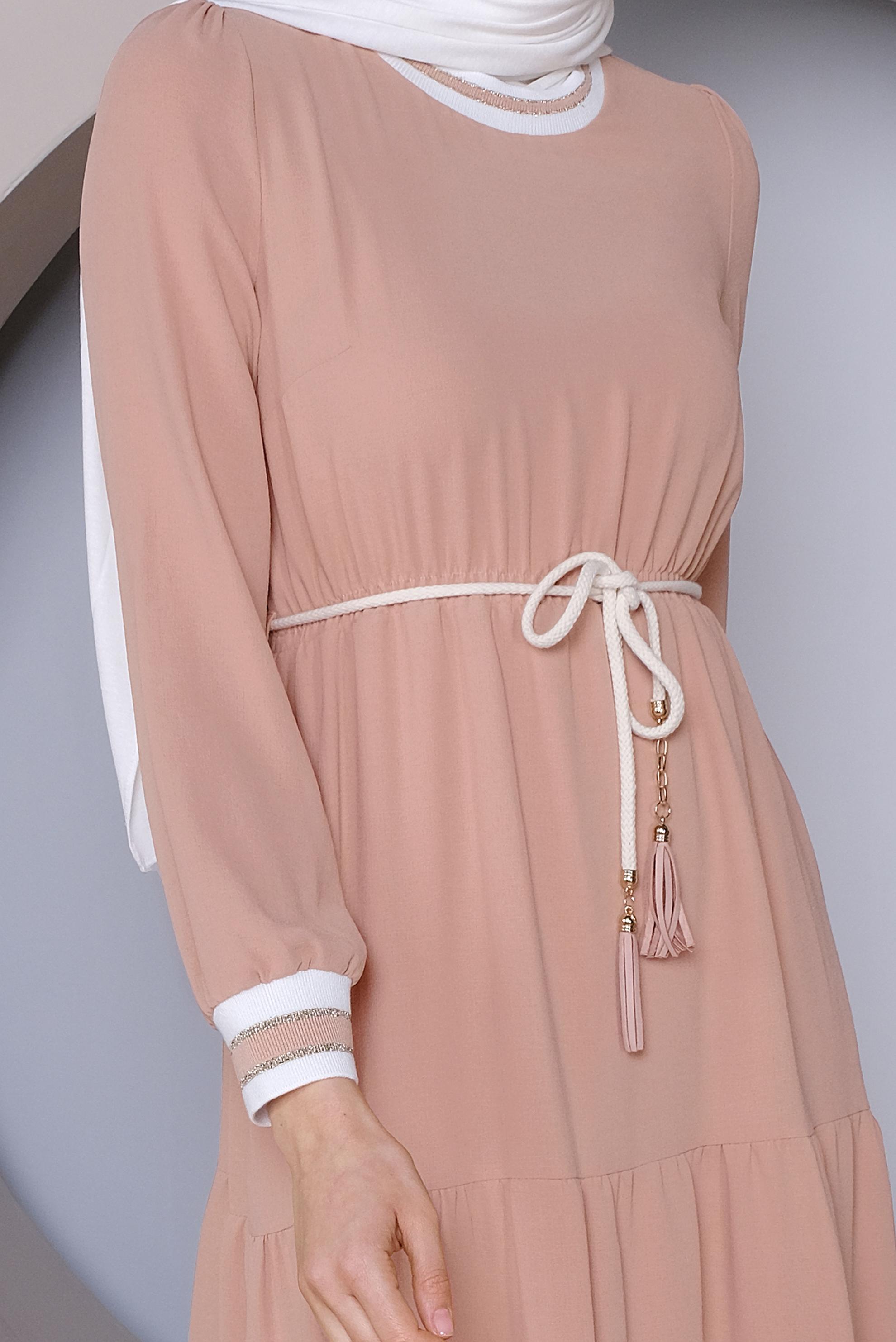 Tesettür giyim PUDRA MANŞETLERİ LASTİKLİ ELBİSE 41382