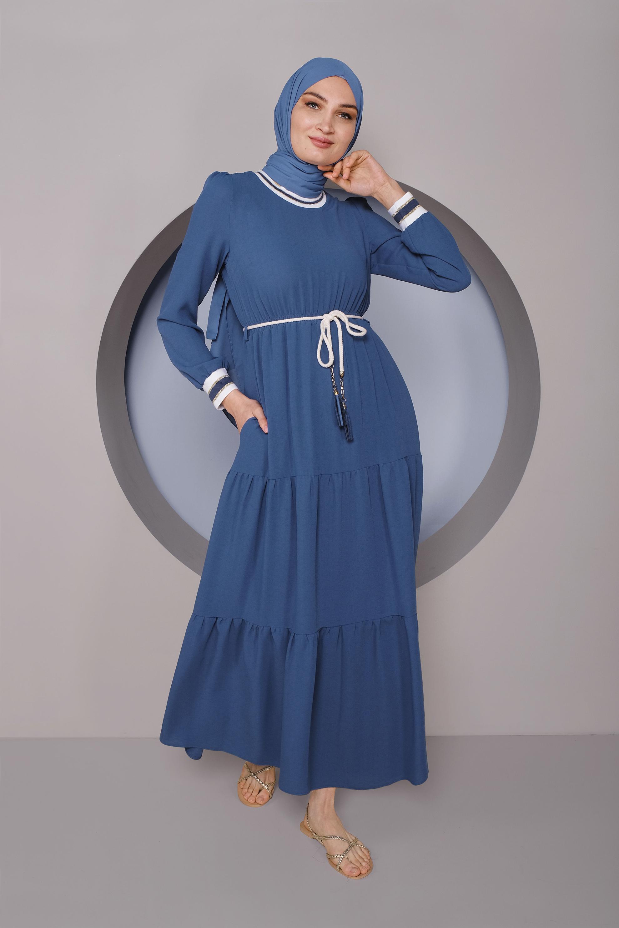 Tesettür giyim LACİVERT MANŞETLERİ LASTİKLİ ELBİSE 41382