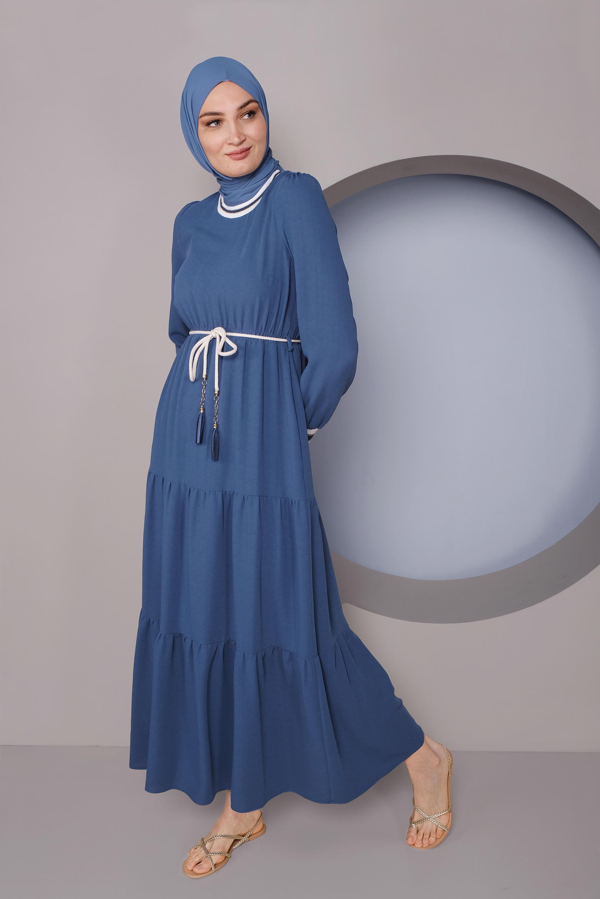 Tesettür giyim LACİVERT MANŞETLERİ LASTİKLİ ELBİSE 41382