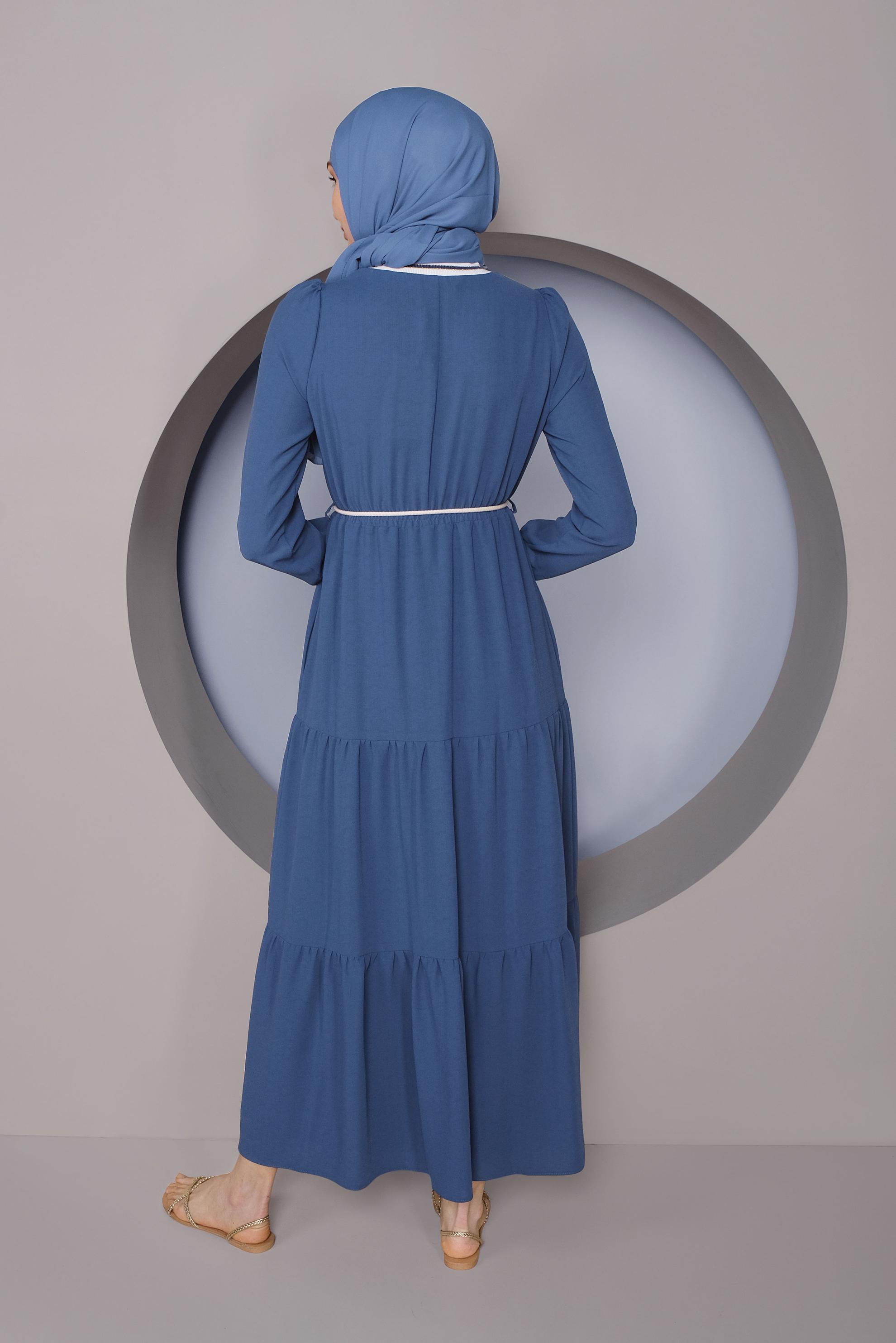 Tesettür giyim LACİVERT MANŞETLERİ LASTİKLİ ELBİSE 41382