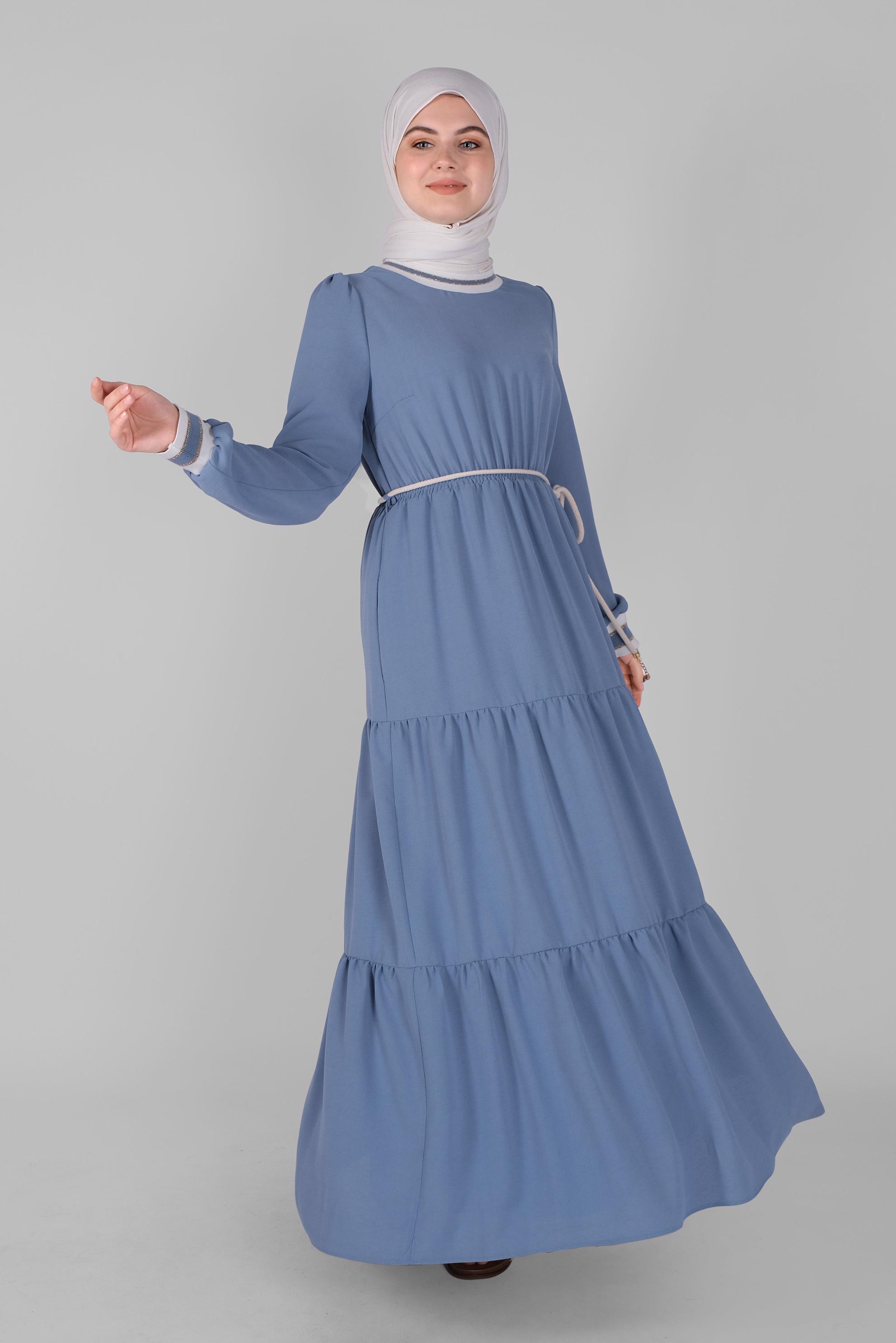 Tesettür giyim MAVİ MANŞETLERİ LASTİKLİ ELBİSE 41382