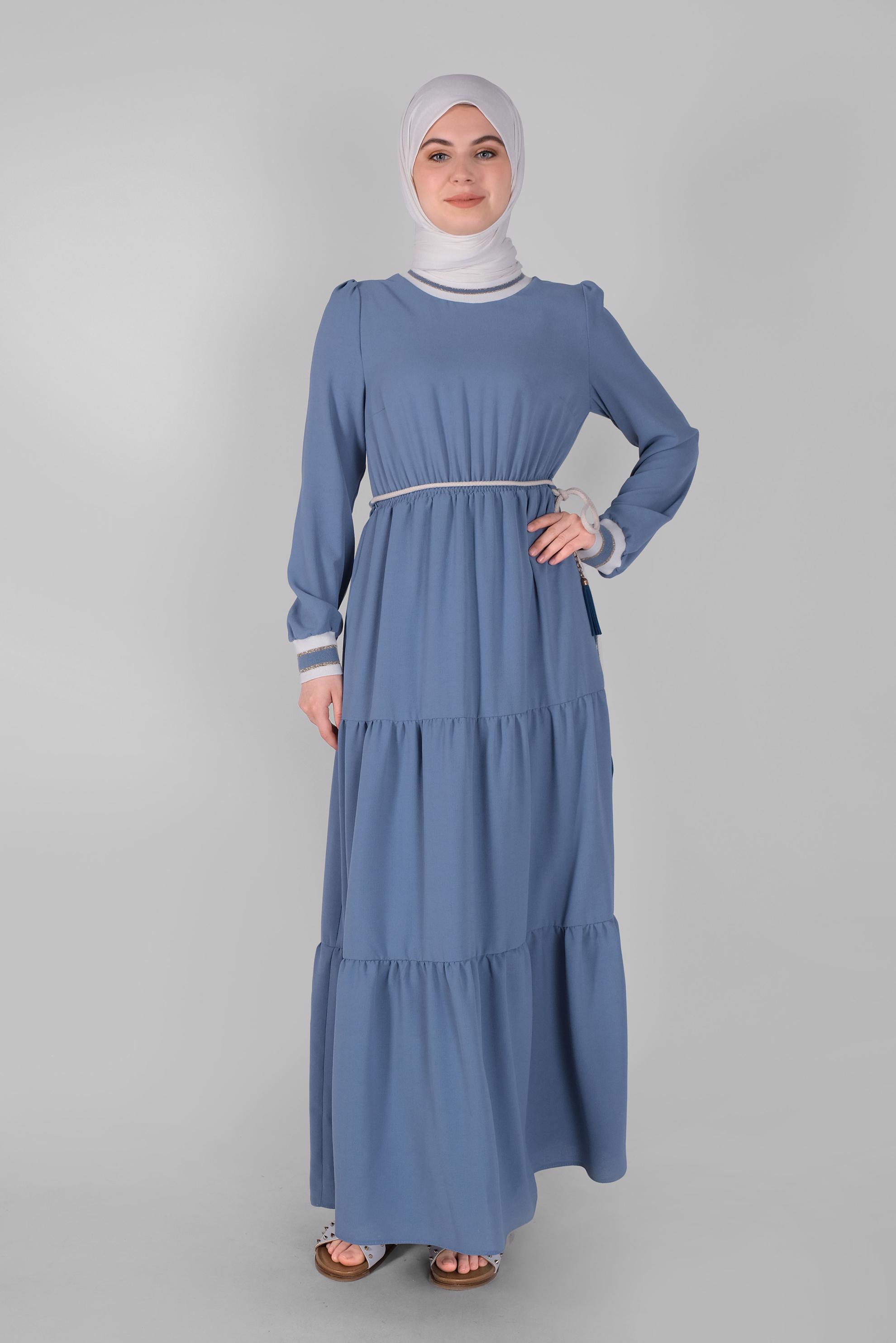Tesettür giyim MAVİ MANŞETLERİ LASTİKLİ ELBİSE 41382