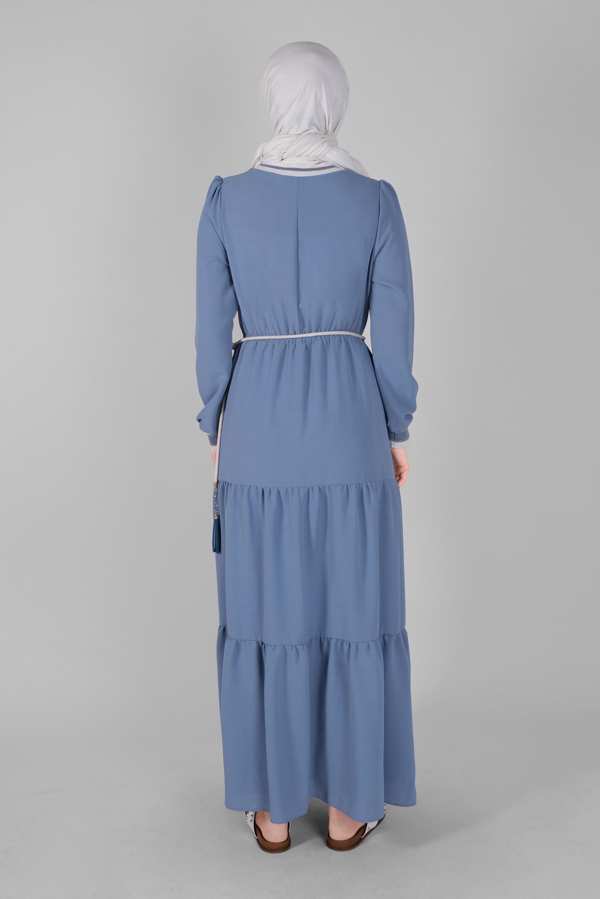Tesettür giyim MAVİ MANŞETLERİ LASTİKLİ ELBİSE 41382