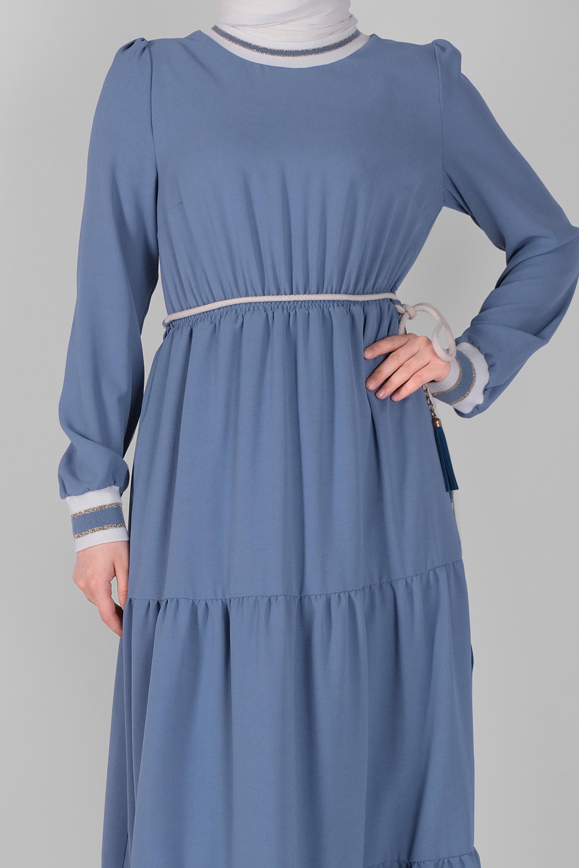 Tesettür giyim MAVİ MANŞETLERİ LASTİKLİ ELBİSE 41382