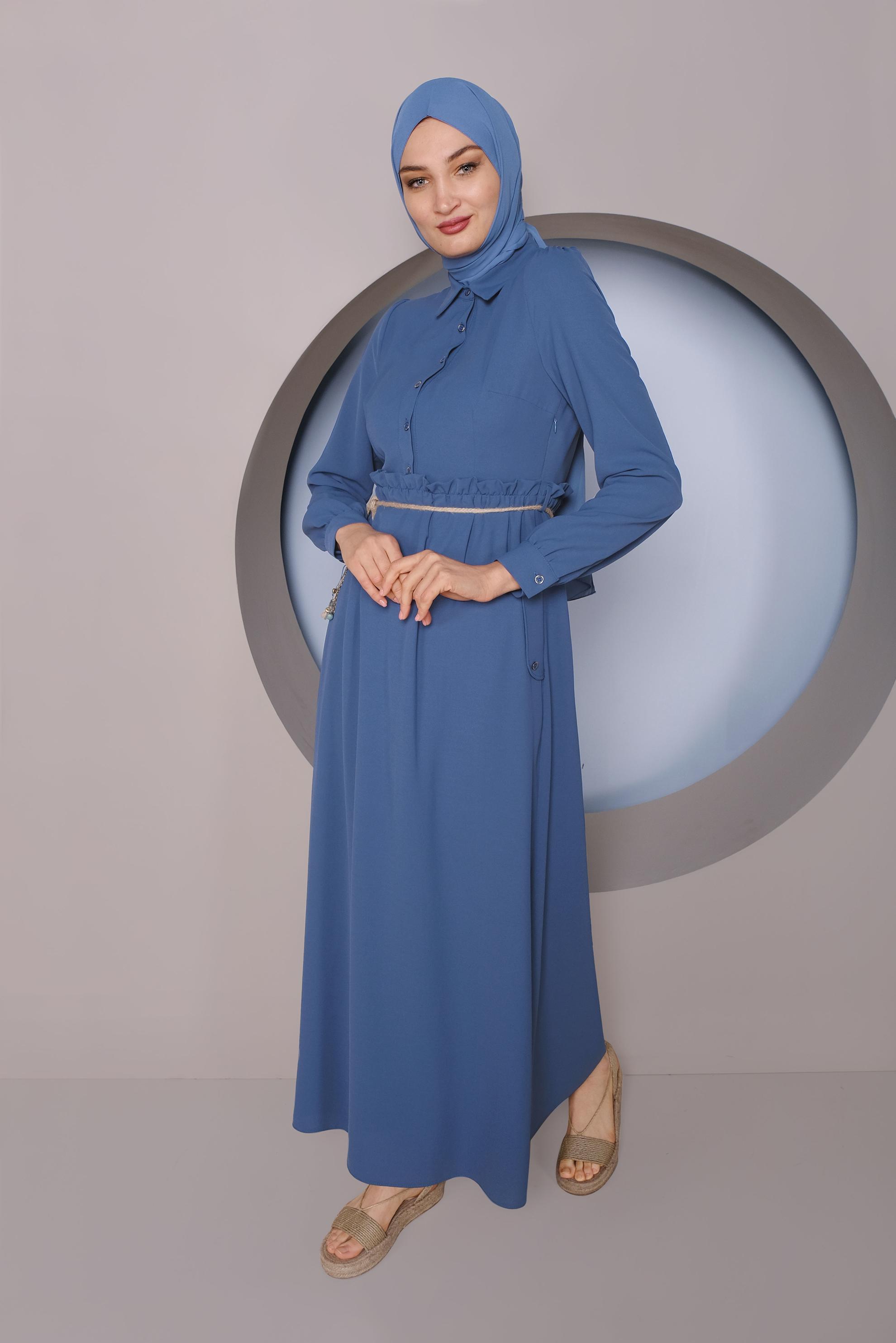 Tesettür giyim LACİVERT BEL KISMI BÜZGÜLÜ DÜĞMELİ ELBİSE 41383 