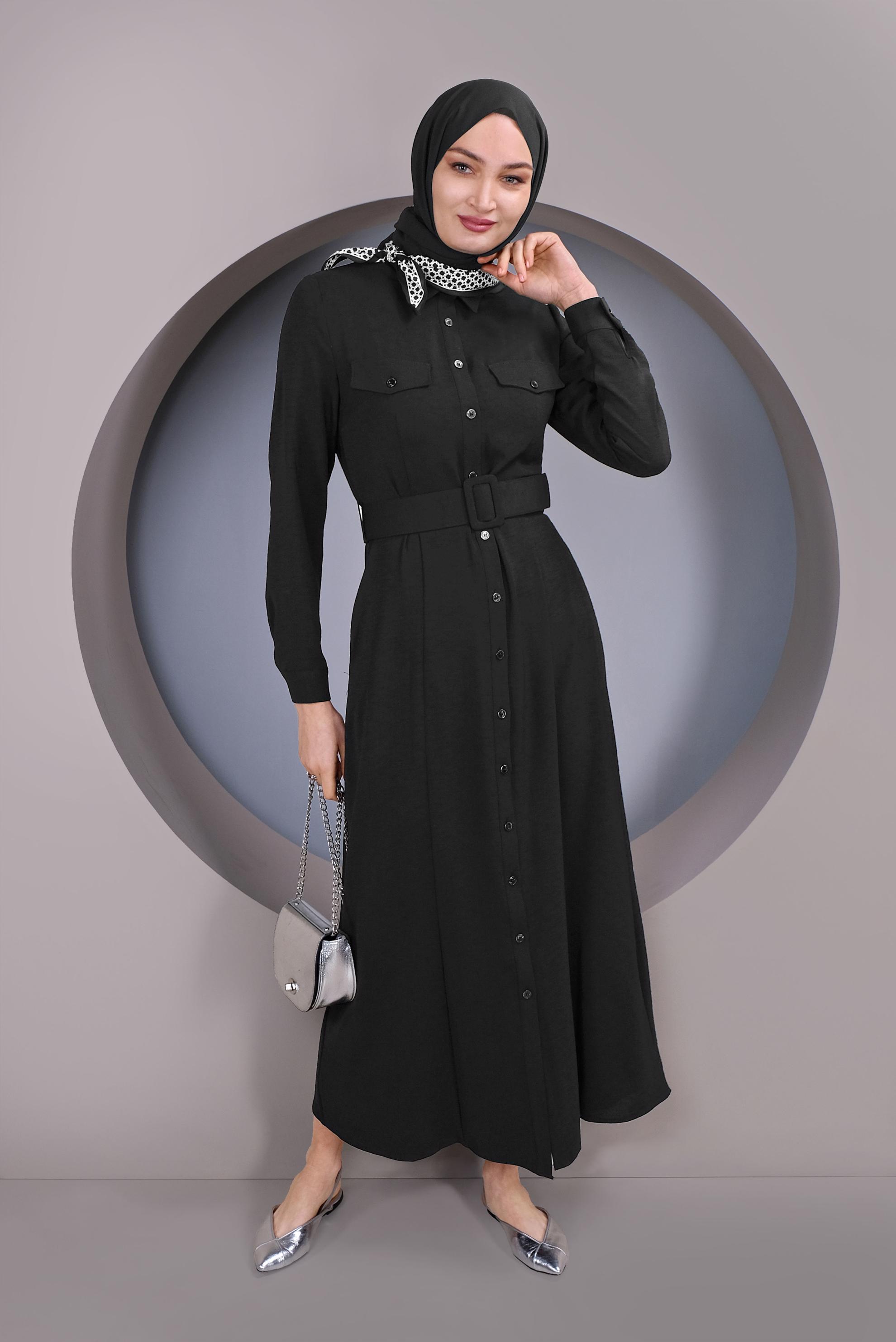 Tesettür giyim SİYAH ÖNDEN DÜĞMELİ KEMERLİ ELBİSE 41384