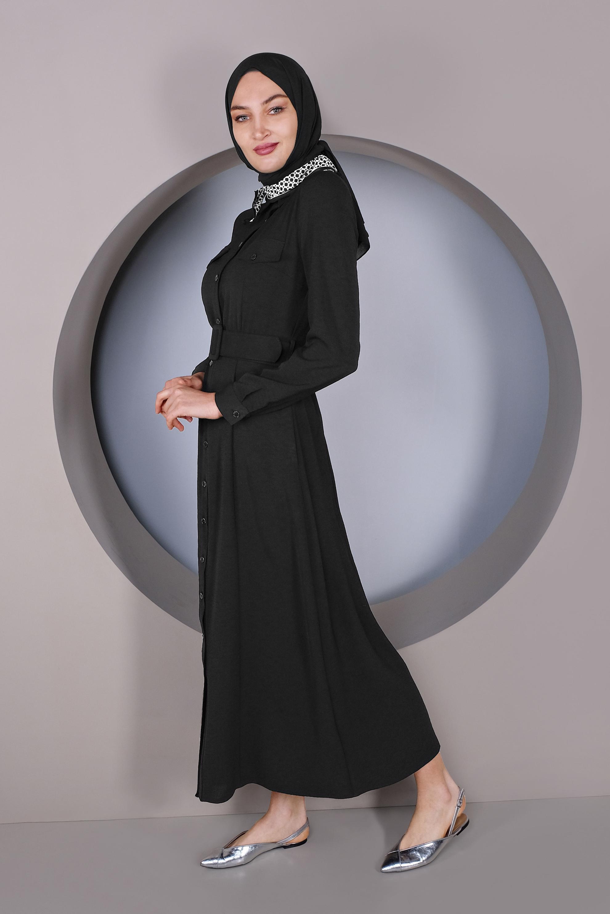Tesettür giyim SİYAH ÖNDEN DÜĞMELİ KEMERLİ ELBİSE 41384