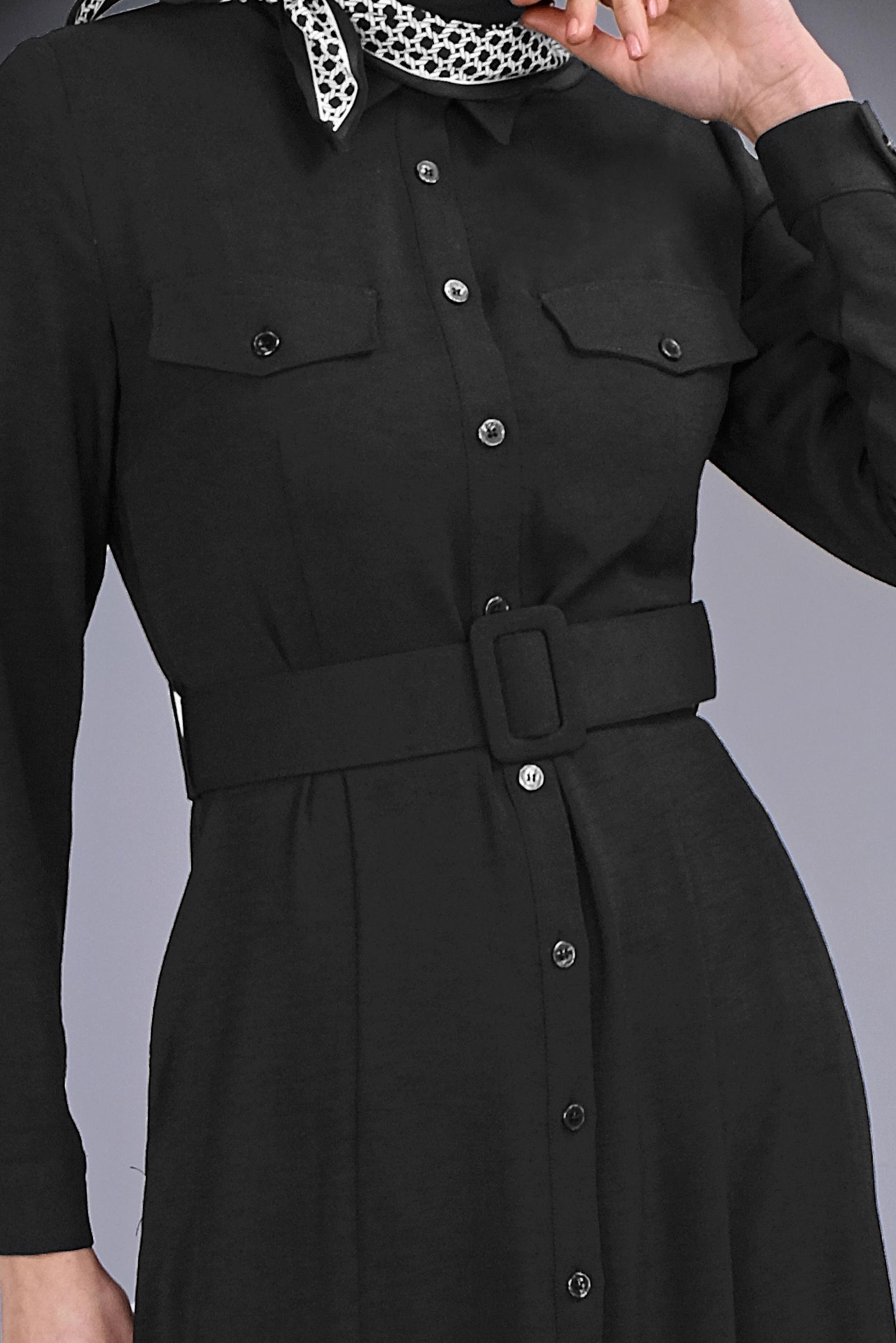 Tesettür giyim SİYAH ÖNDEN DÜĞMELİ KEMERLİ ELBİSE 41384