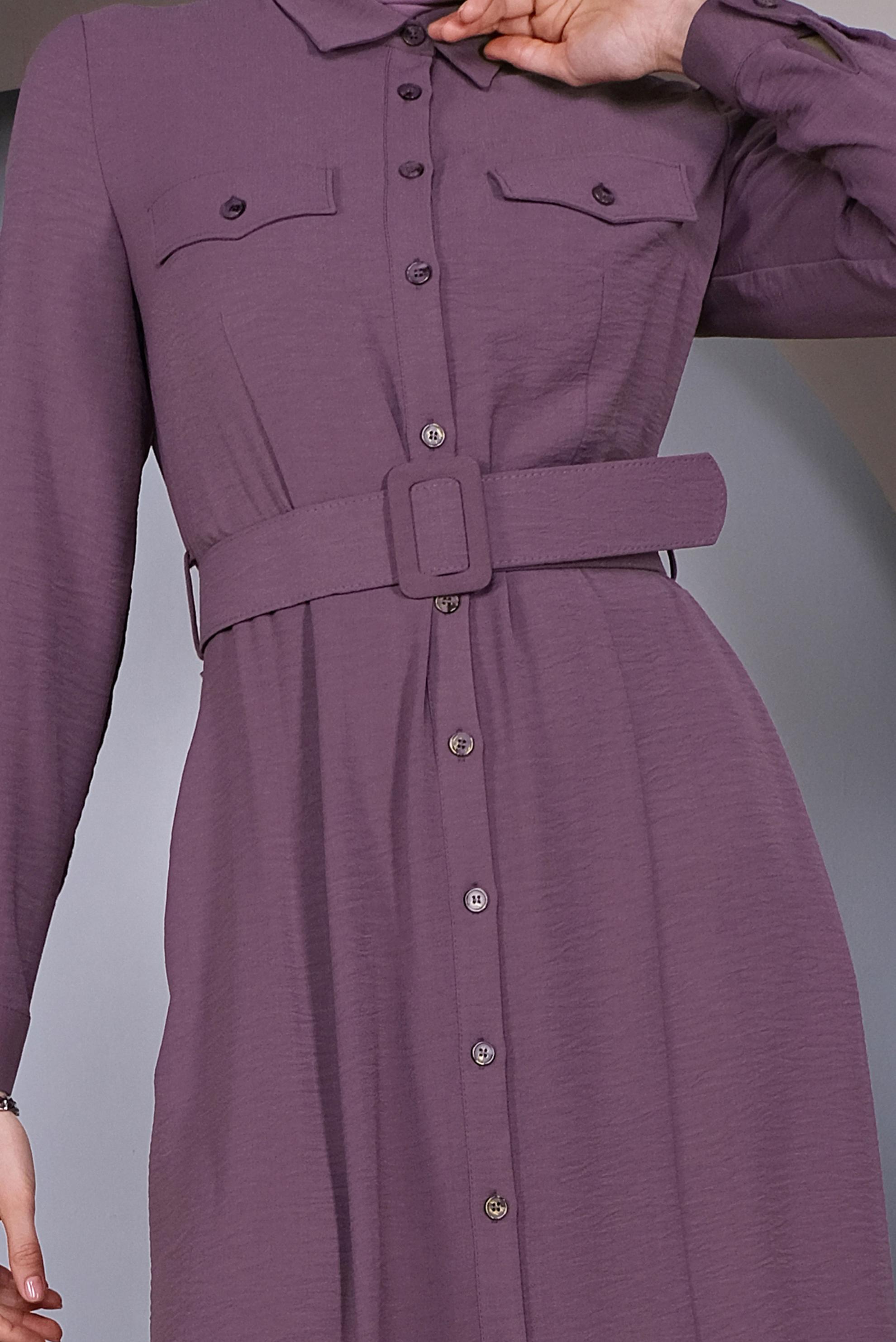 Tesettür giyim MOR ÖNDEN DÜĞMELİ KEMERLİ ELBİSE 41384