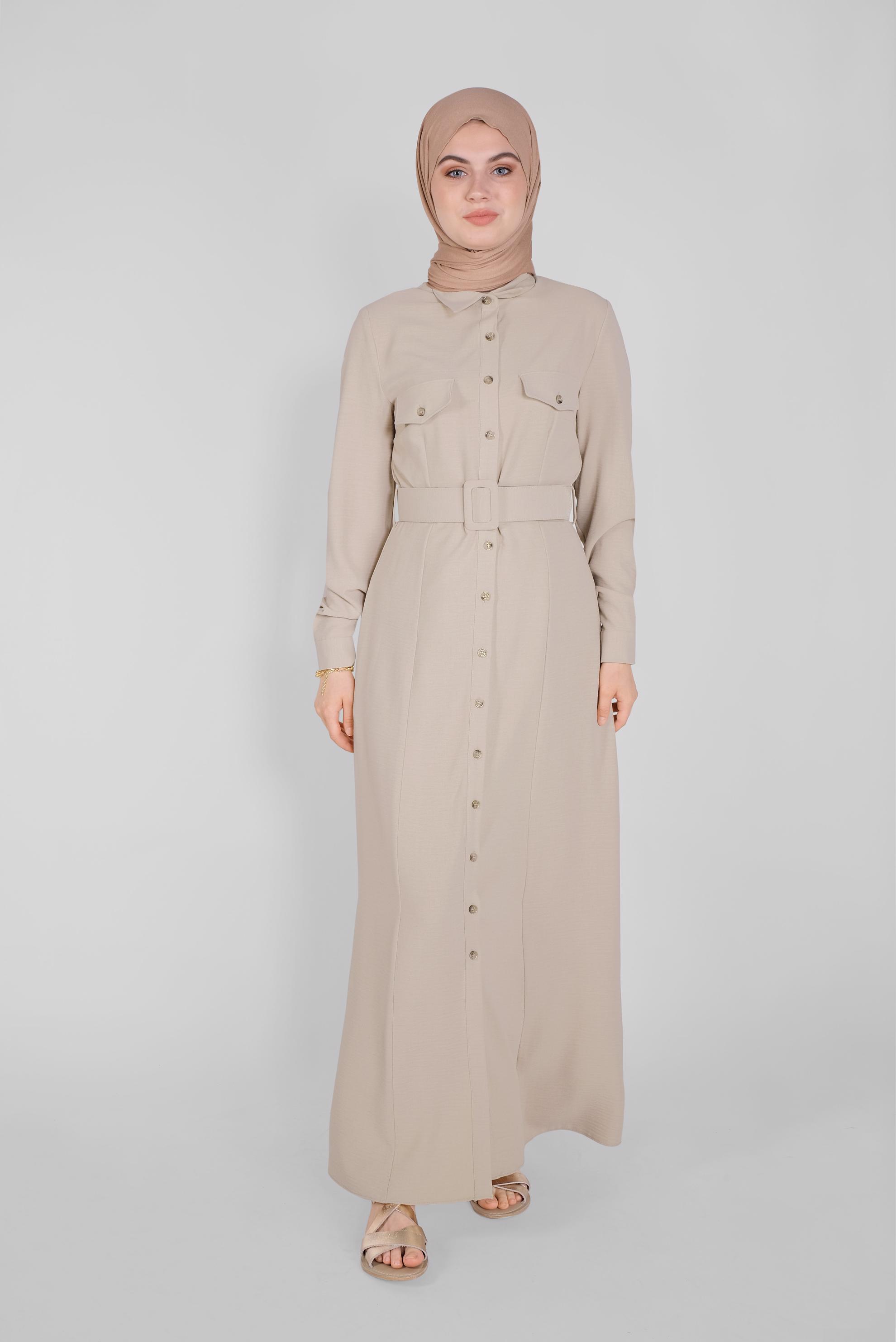 Tesettür giyim BEJ ÖNDEN DÜĞMELİ KEMERLİ ELBİSE 41384