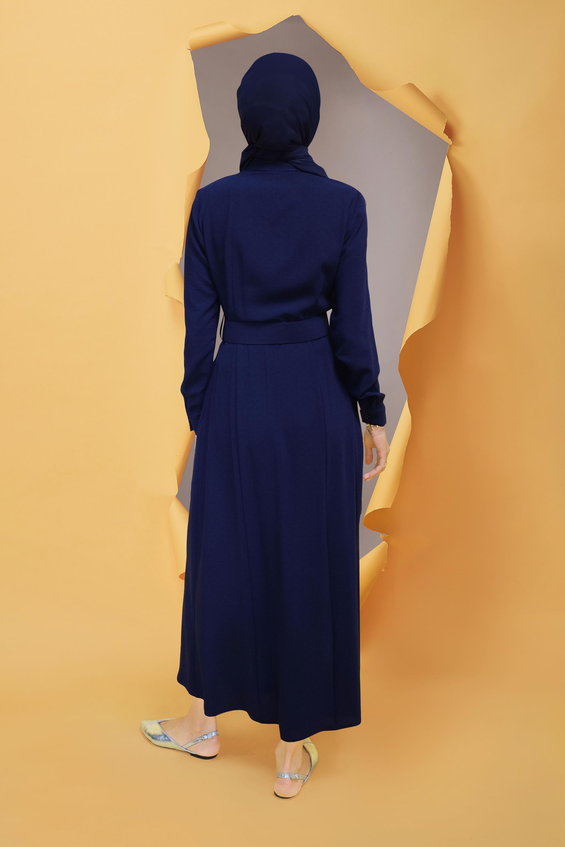 Tesettür giyim LACİVERT ÖNDEN DÜĞMELİ KEMERLİ ELBİSE 41384