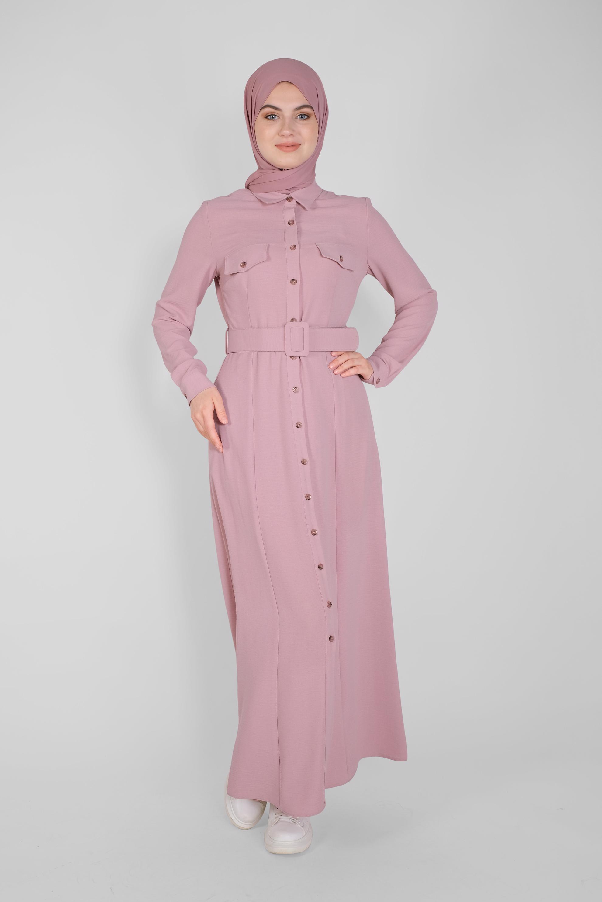 Tesettür giyim PUDRA ÖNDEN DÜĞMELİ KEMERLİ ELBİSE 41384