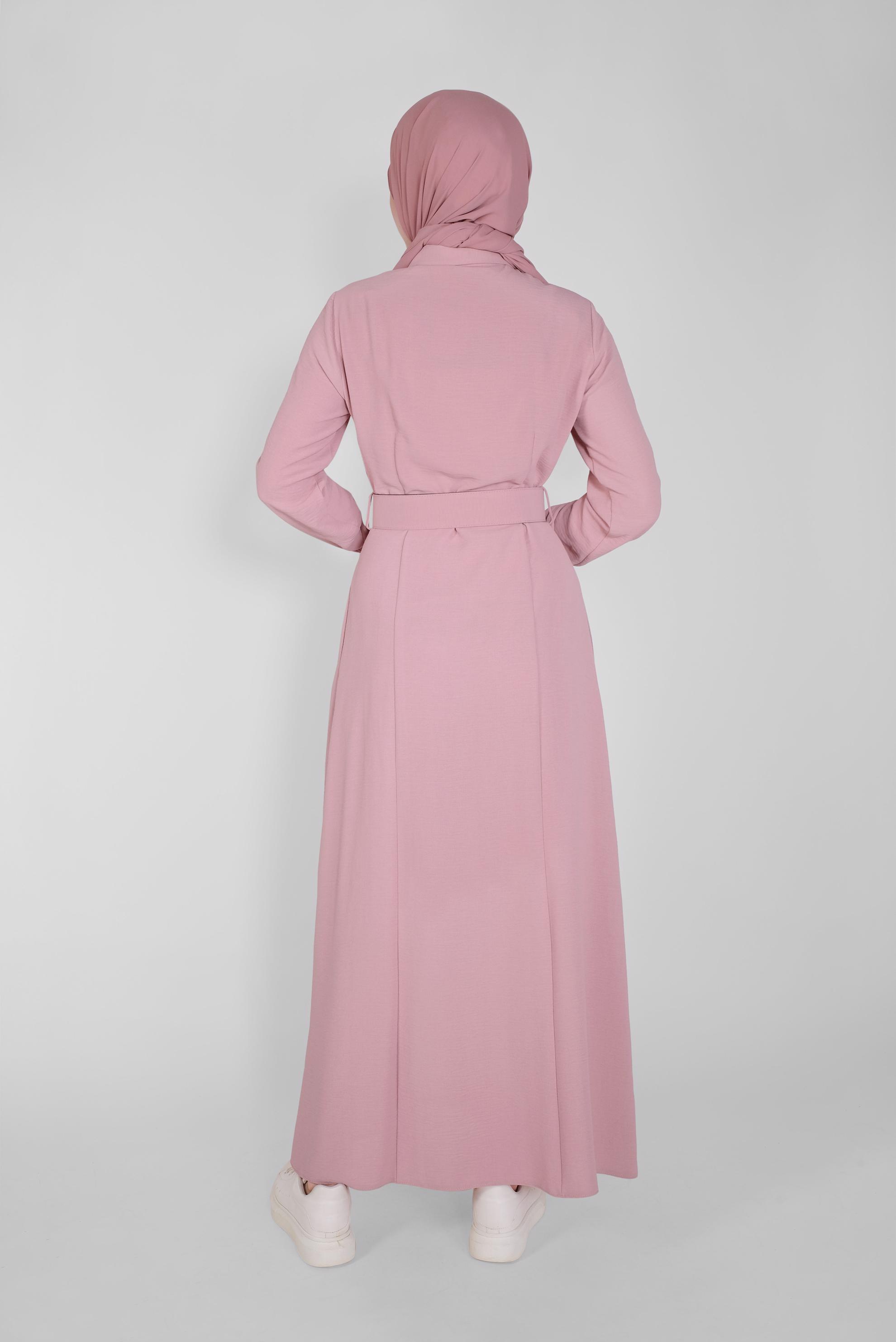 Tesettür giyim PUDRA ÖNDEN DÜĞMELİ KEMERLİ ELBİSE 41384