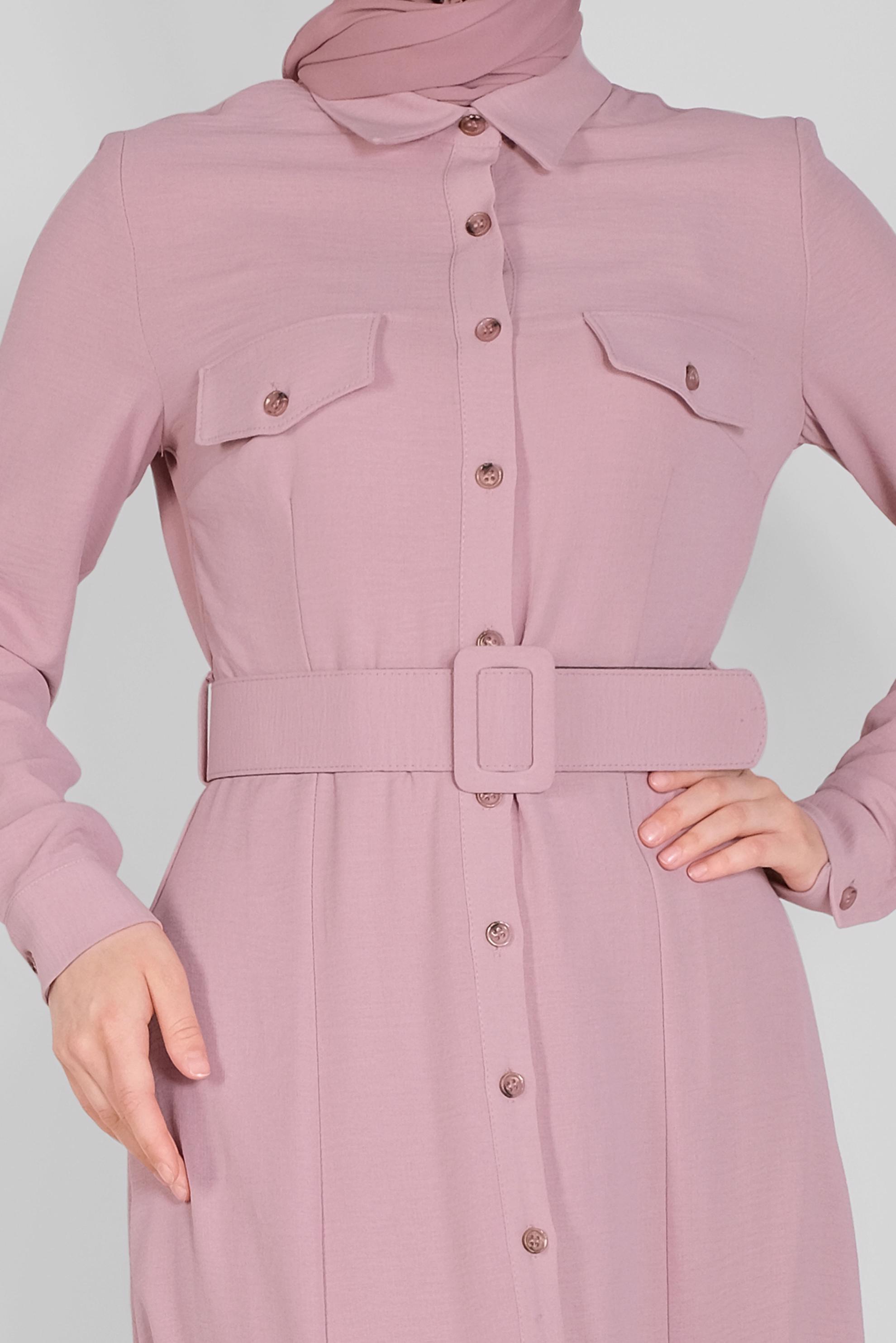 Tesettür giyim PUDRA ÖNDEN DÜĞMELİ KEMERLİ ELBİSE 41384