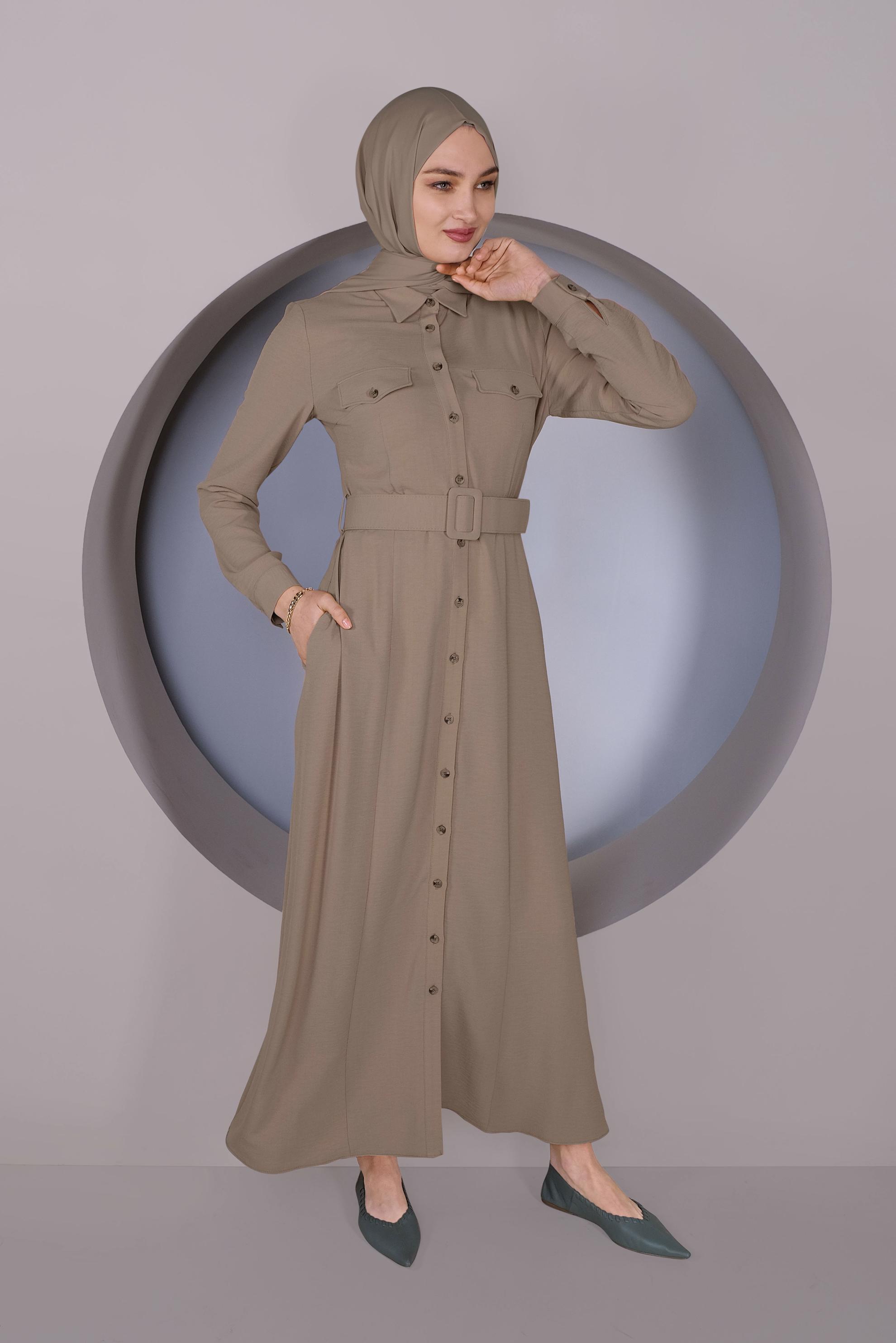 Tesettür giyim VİZON ÖNDEN DÜĞMELİ KEMERLİ ELBİSE 41384