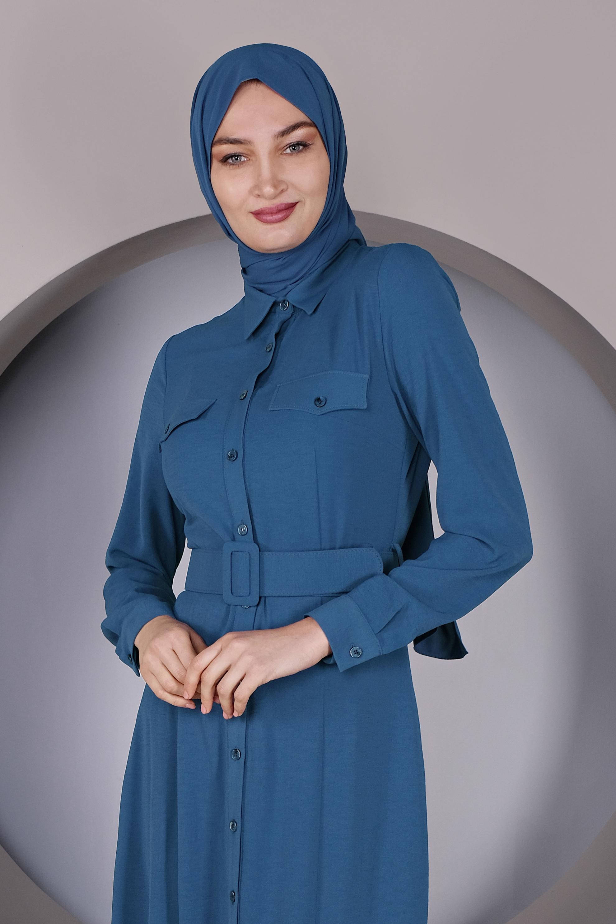 Tesettür giyim LACİVERT ÖNDEN DÜĞMELİ KEMERLİ ELBİSE 41384