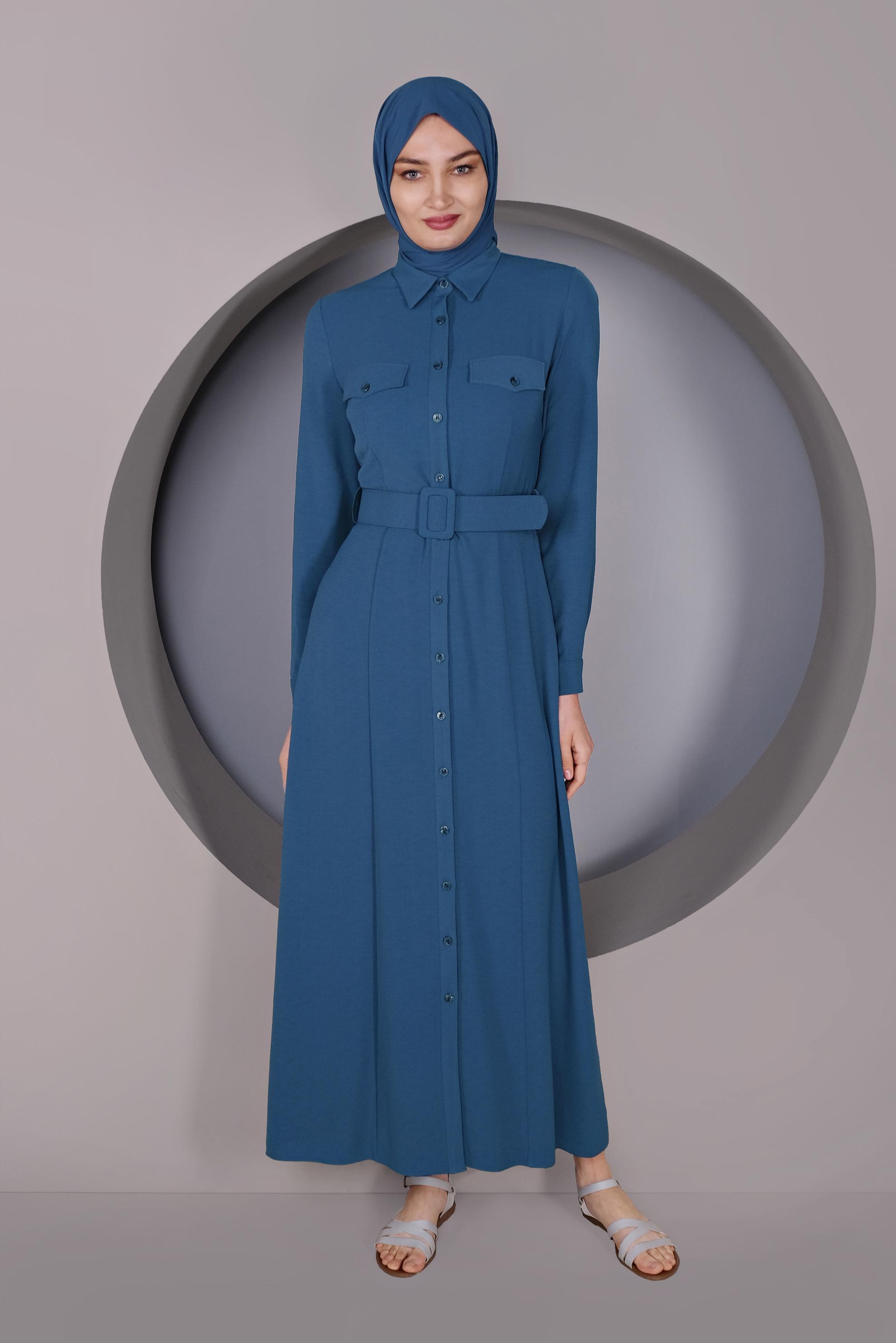 Tesettür giyim LACİVERT ÖNDEN DÜĞMELİ KEMERLİ ELBİSE 41384