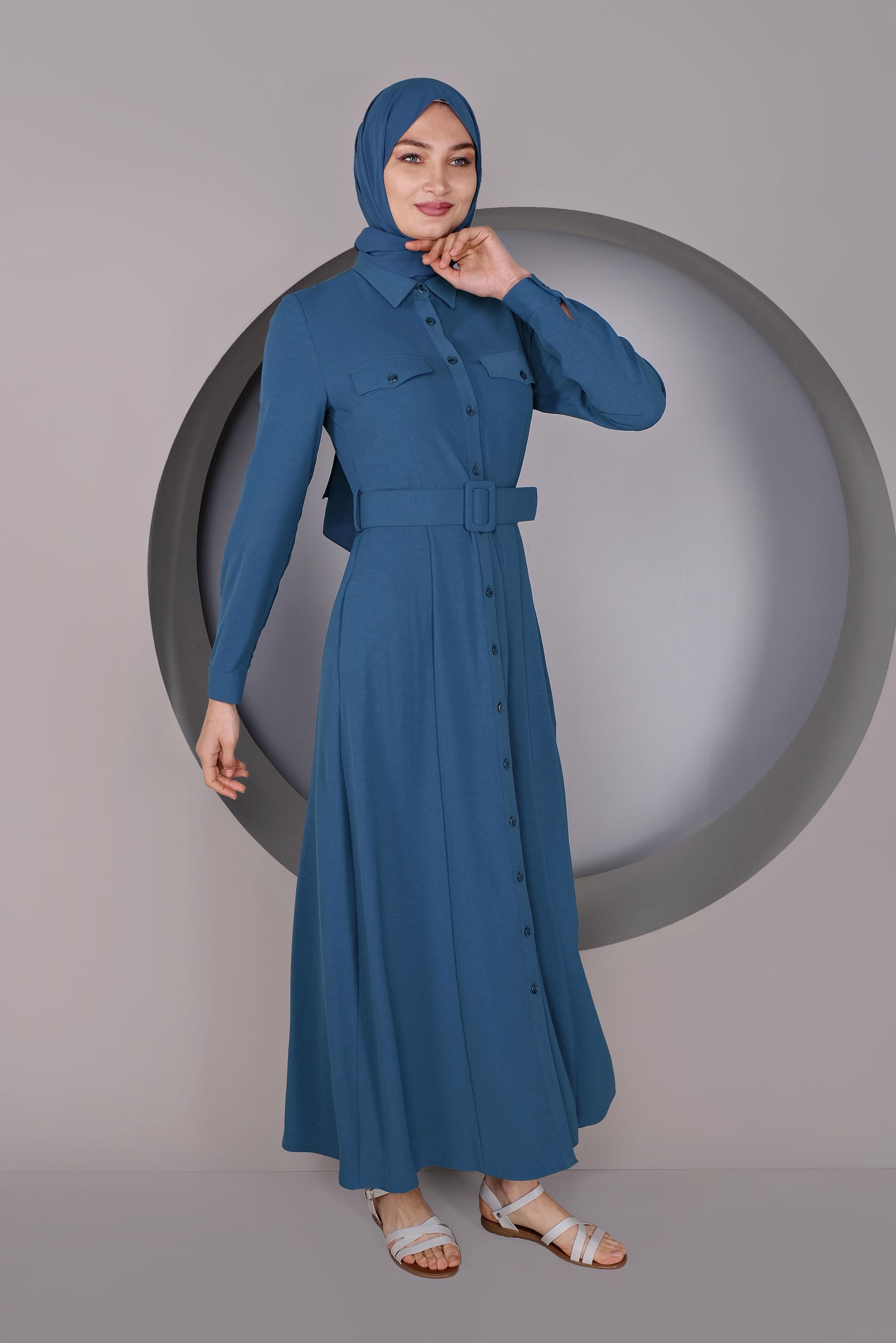 Tesettür giyim LACİVERT ÖNDEN DÜĞMELİ KEMERLİ ELBİSE 41384