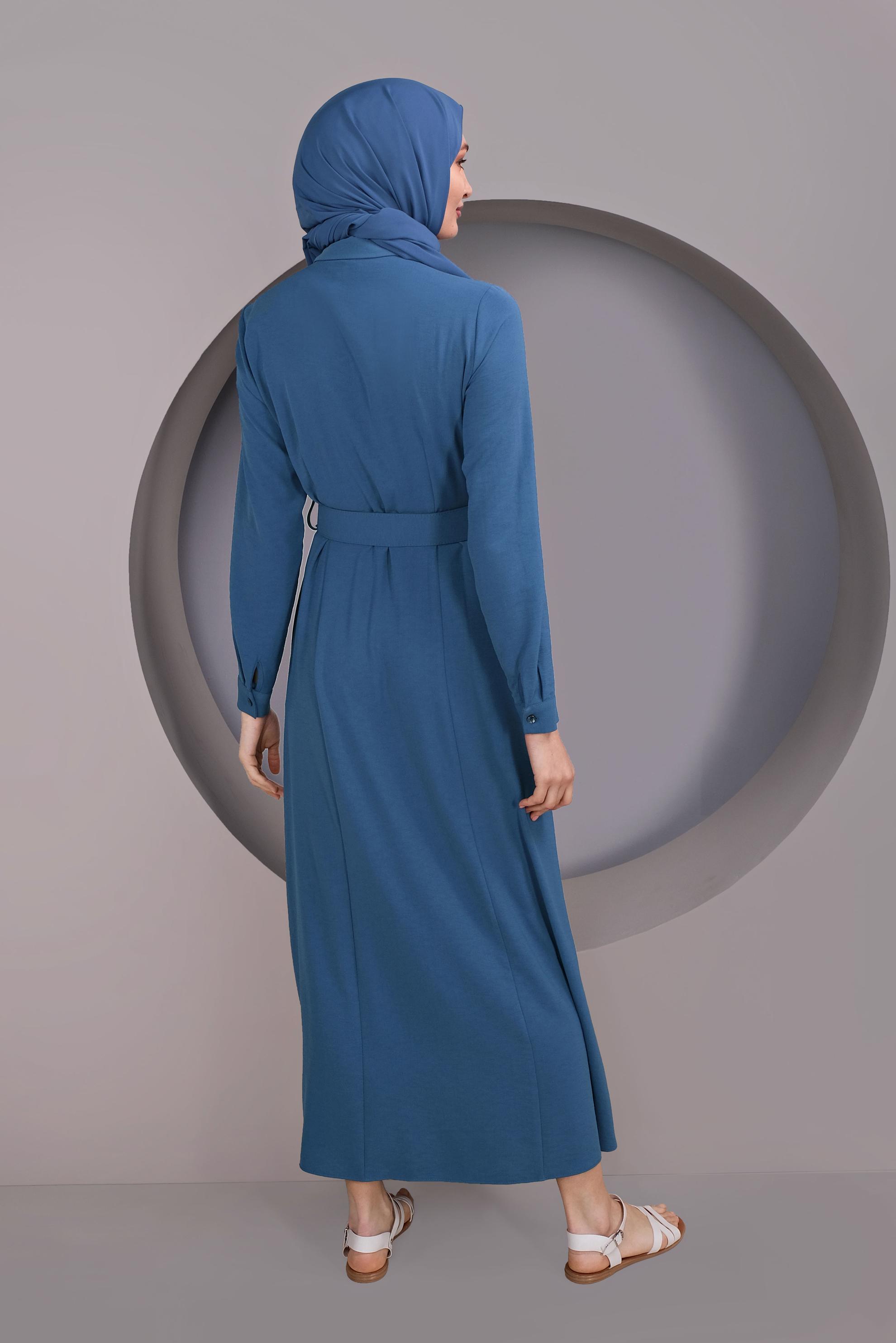 Tesettür giyim LACİVERT ÖNDEN DÜĞMELİ KEMERLİ ELBİSE 41384