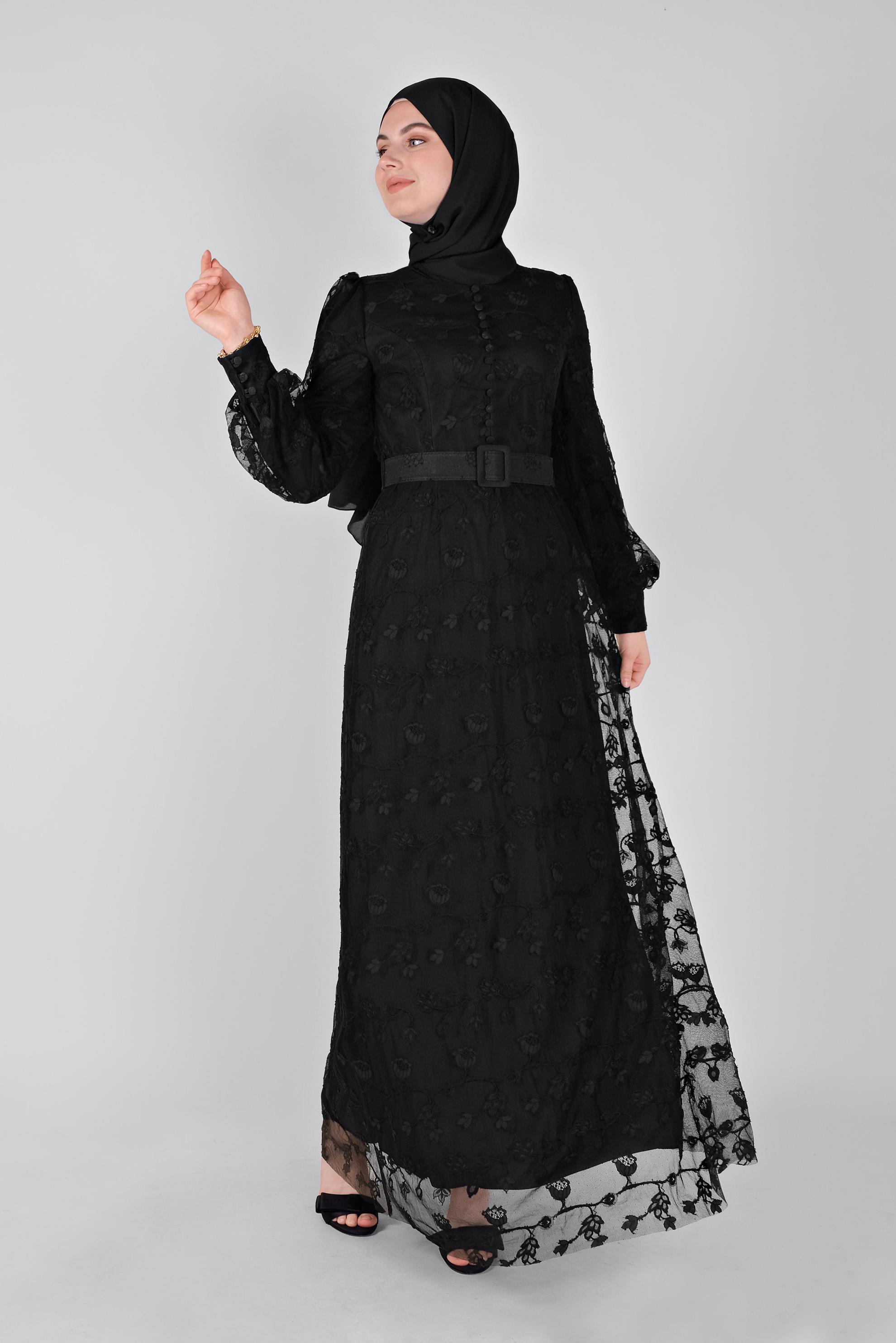 Tesettür giyim SİYAH DANTEL ELBİSE 41385 