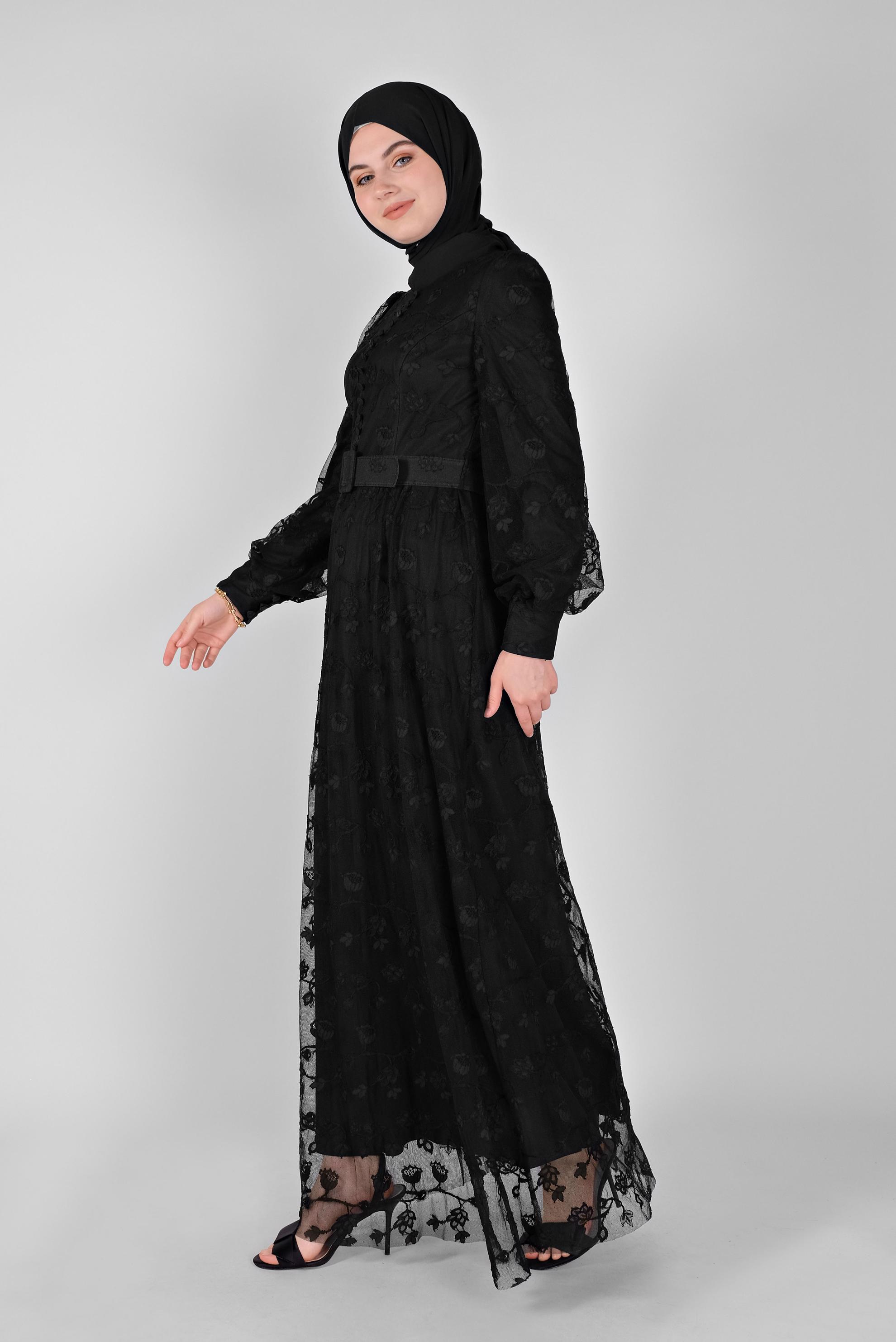Tesettür giyim SİYAH DANTEL ELBİSE 41385 