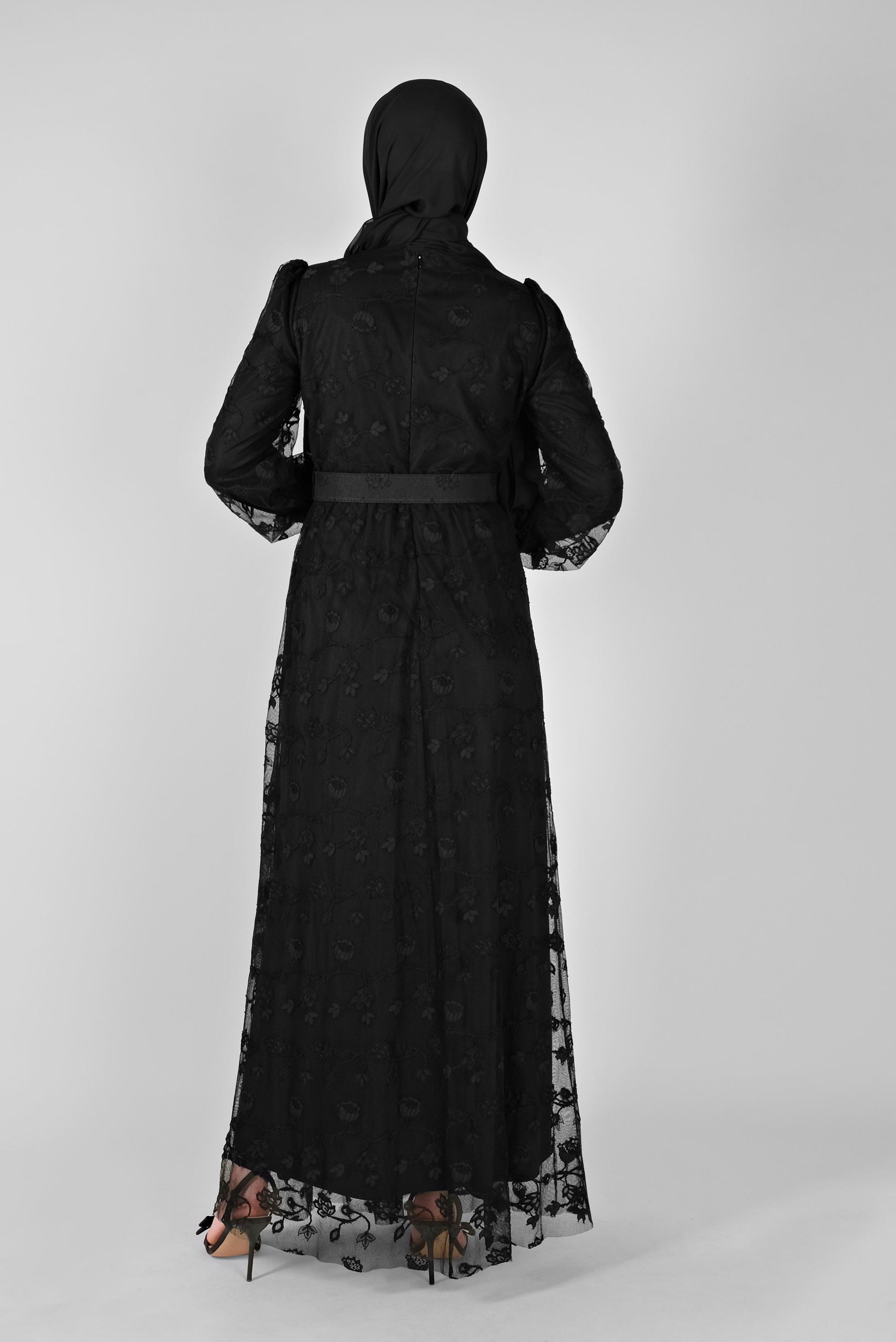 Tesettür giyim SİYAH DANTEL ELBİSE 41385 