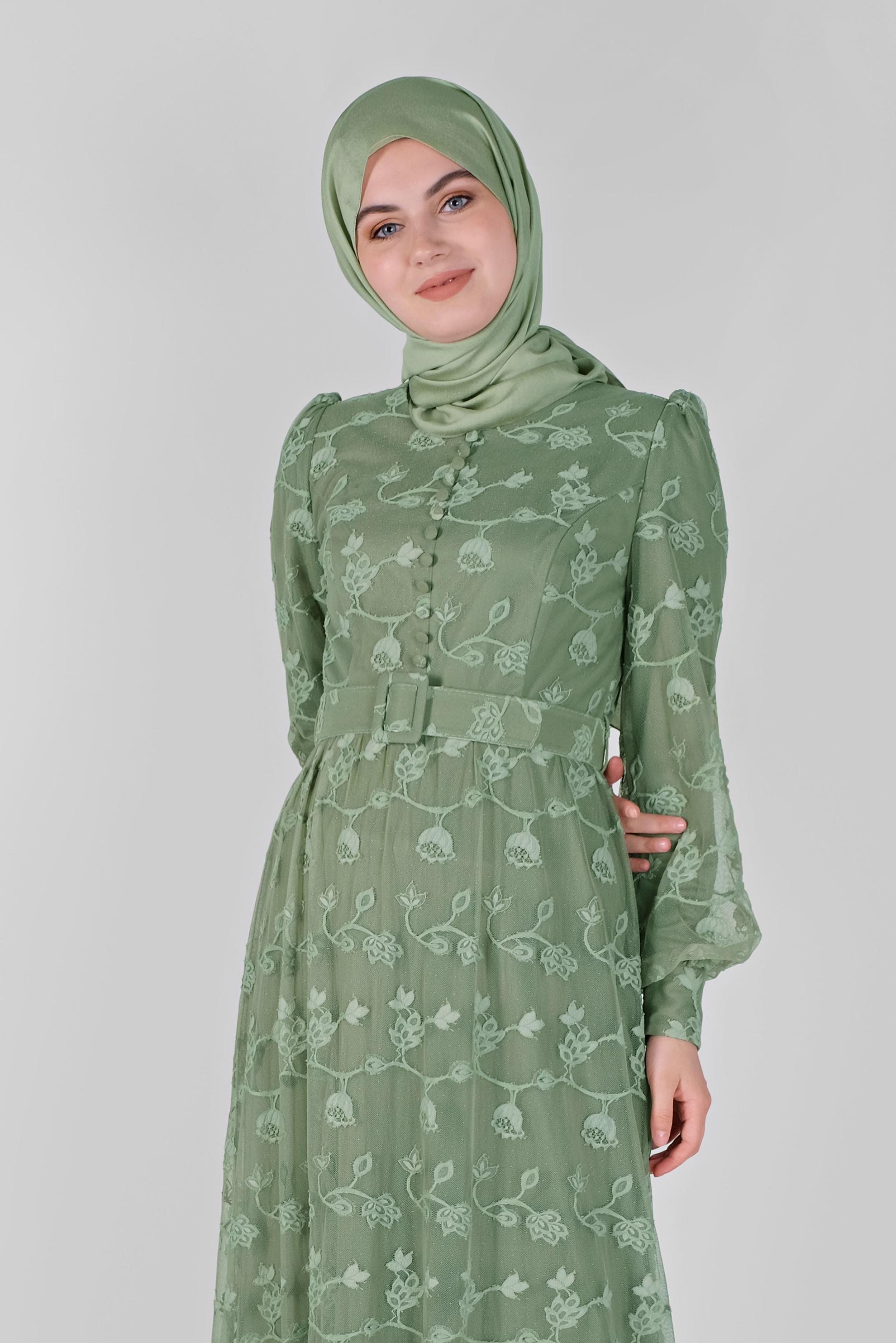 Tesettür giyim YEŞİL DANTEL ELBİSE 41385 