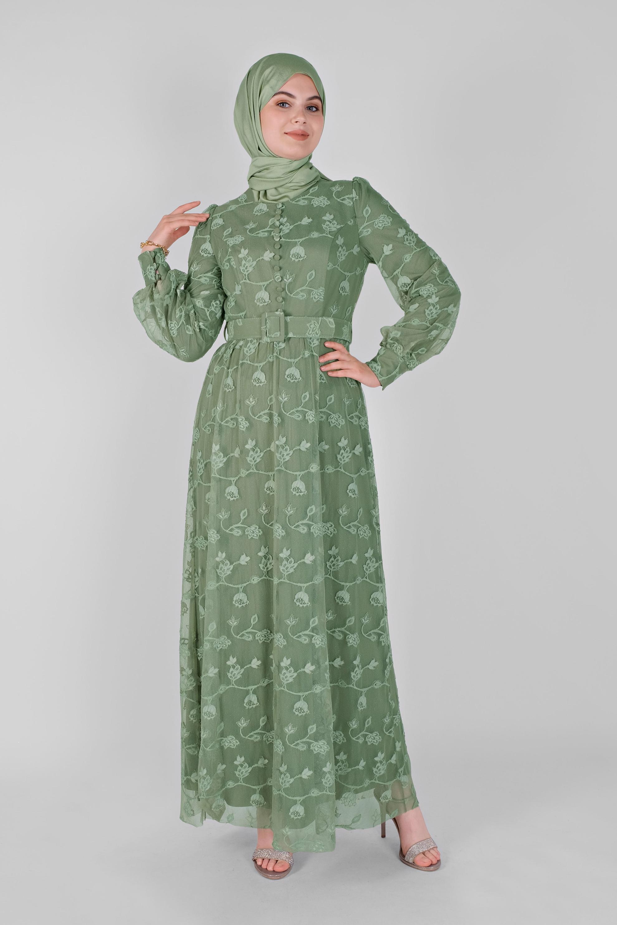 Tesettür giyim YEŞİL DANTEL ELBİSE 41385 