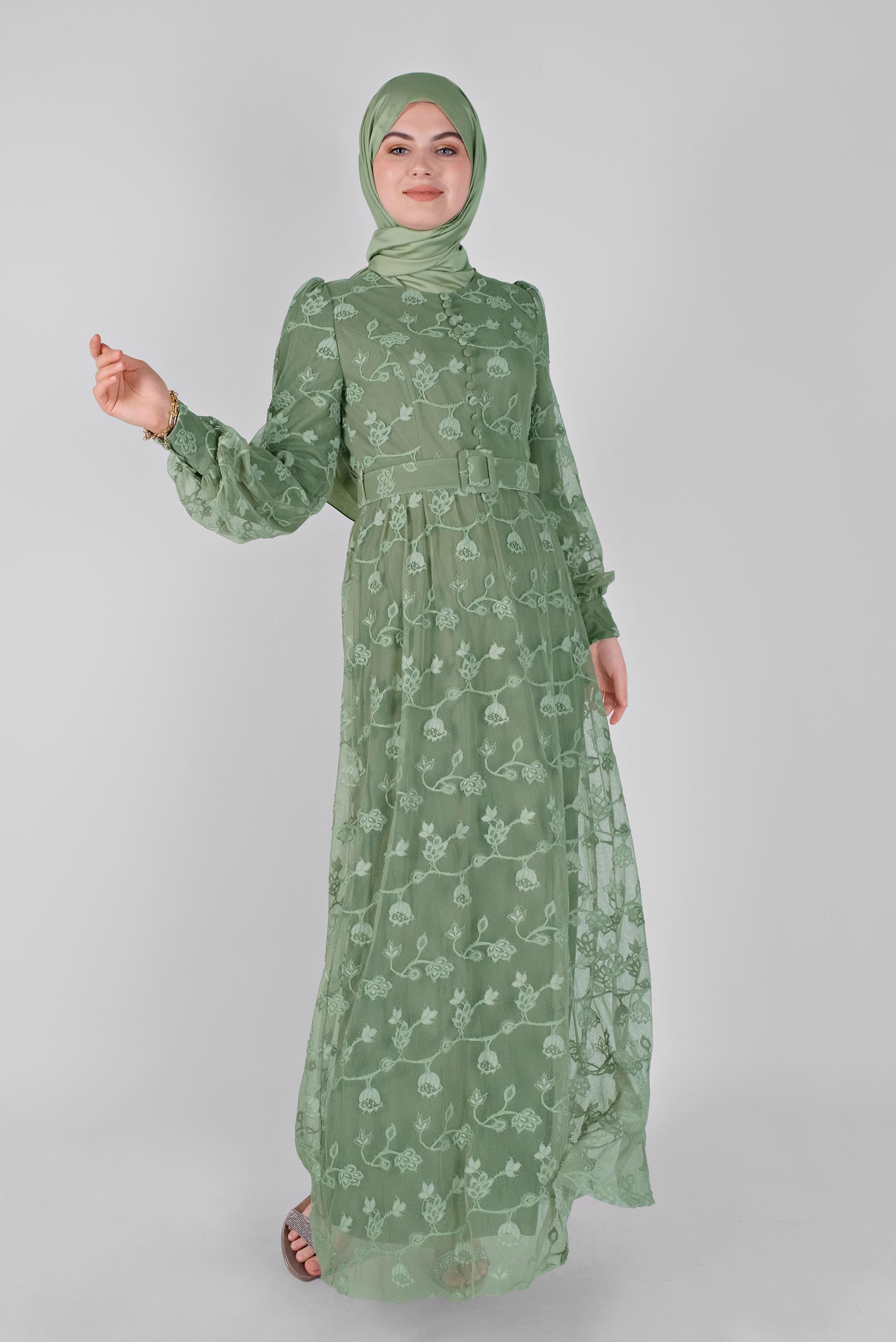 Tesettür giyim YEŞİL DANTEL ELBİSE 41385 