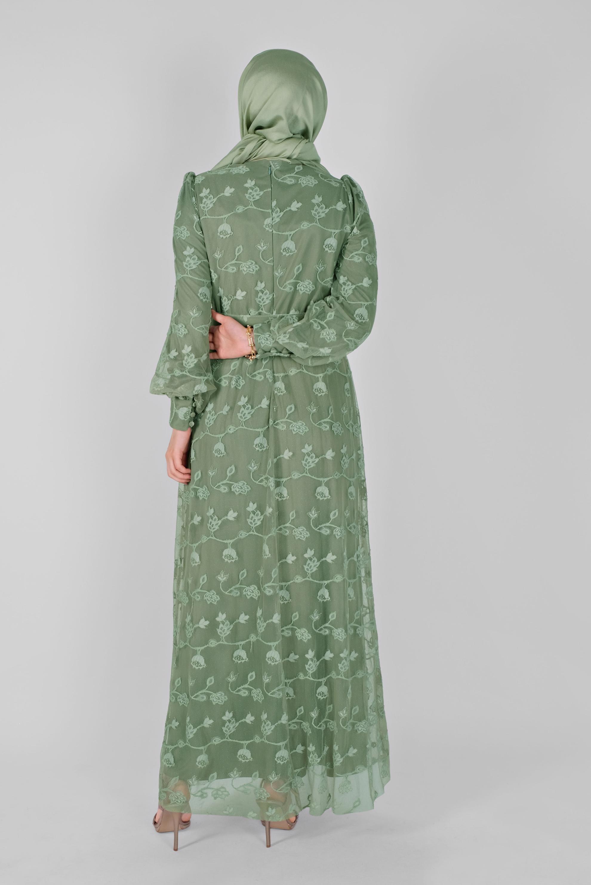 Tesettür giyim YEŞİL DANTEL ELBİSE 41385 