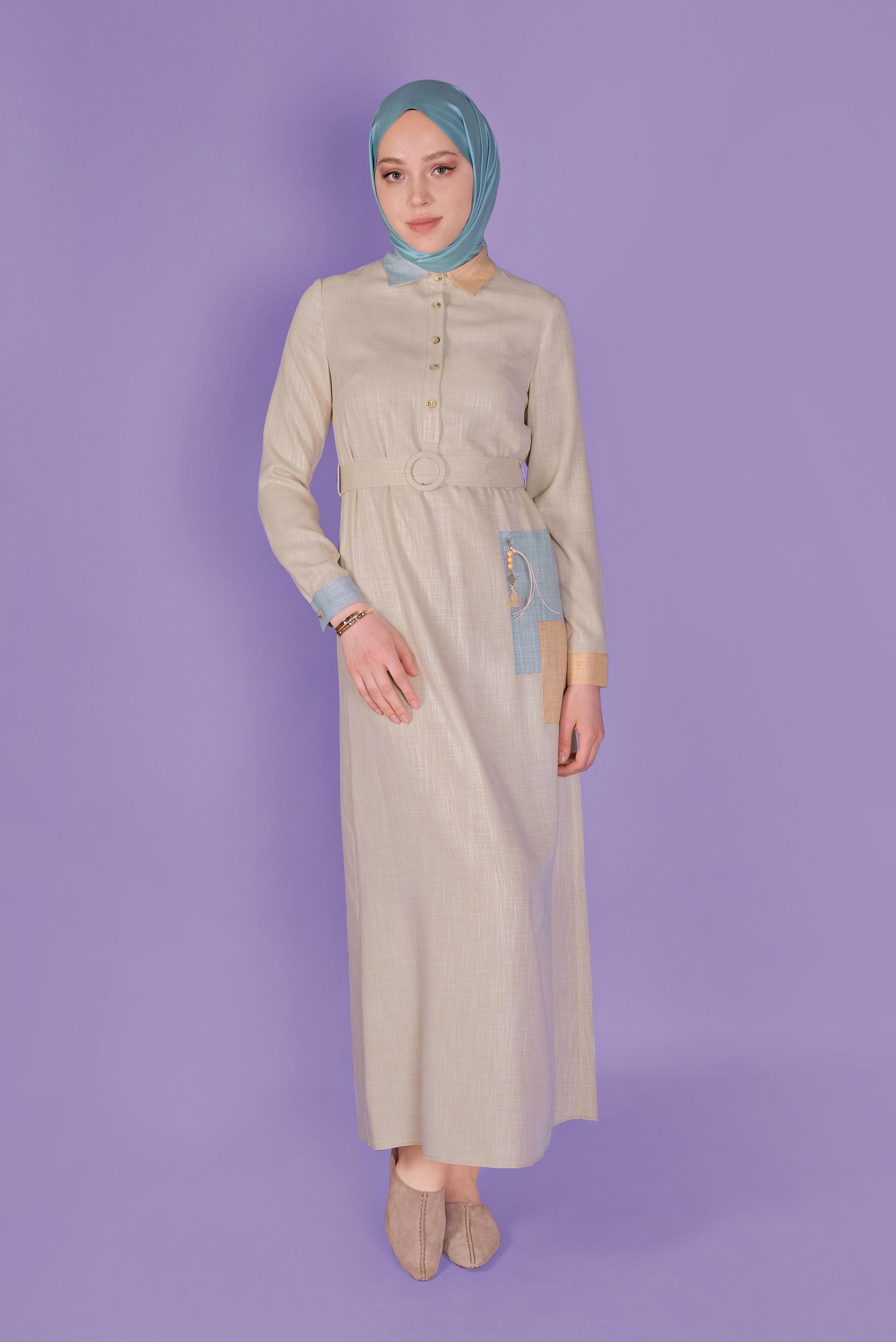 Tesettür giyim BEJ KEMERLİ DÜĞMELİ ELBİSE 41403 