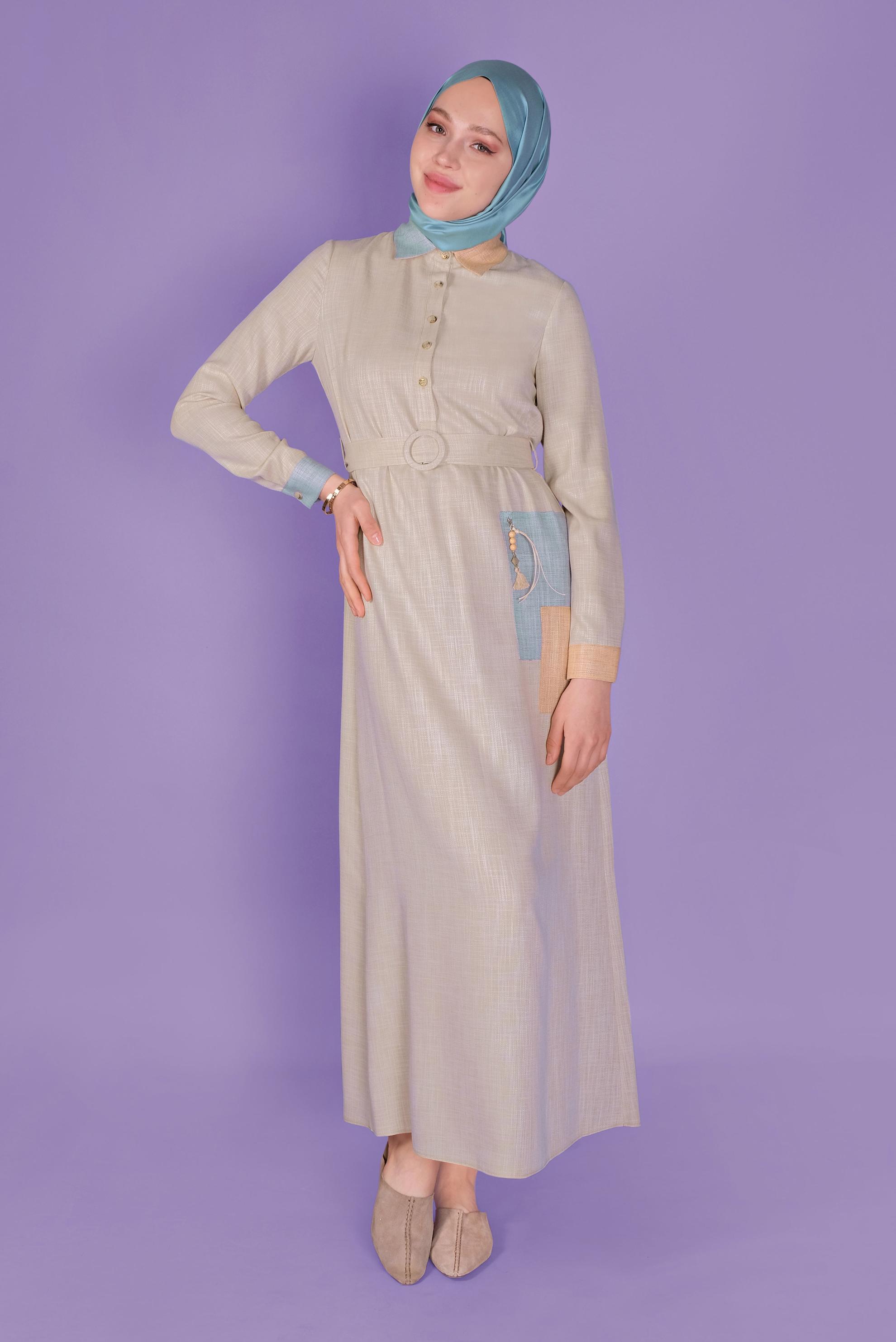 Tesettür giyim BEJ KEMERLİ DÜĞMELİ ELBİSE 41403 