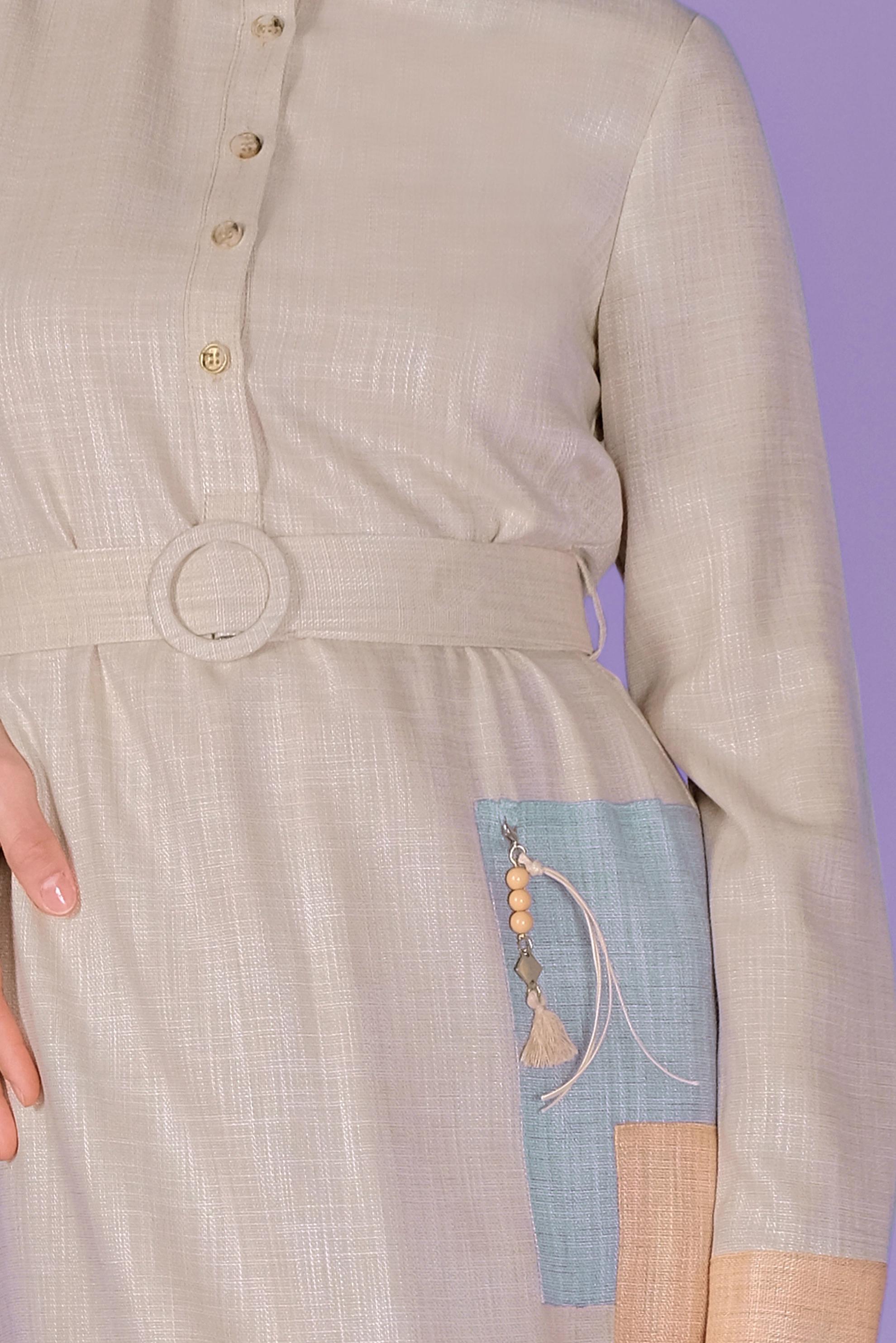 Tesettür giyim BEJ KEMERLİ DÜĞMELİ ELBİSE 41403 