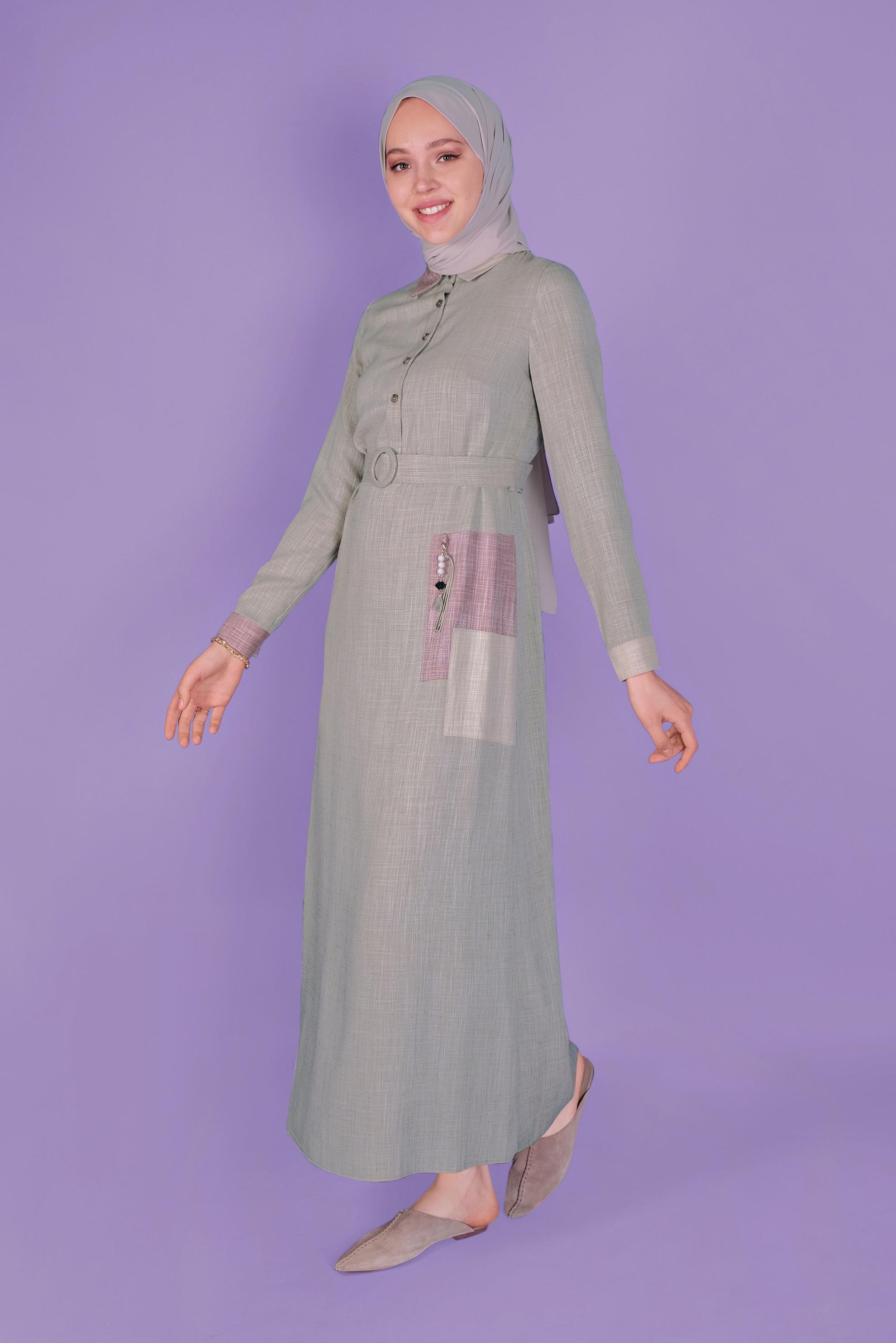 Tesettür giyim HAKİ KEMERLİ DÜĞMELİ ELBİSE 41403 