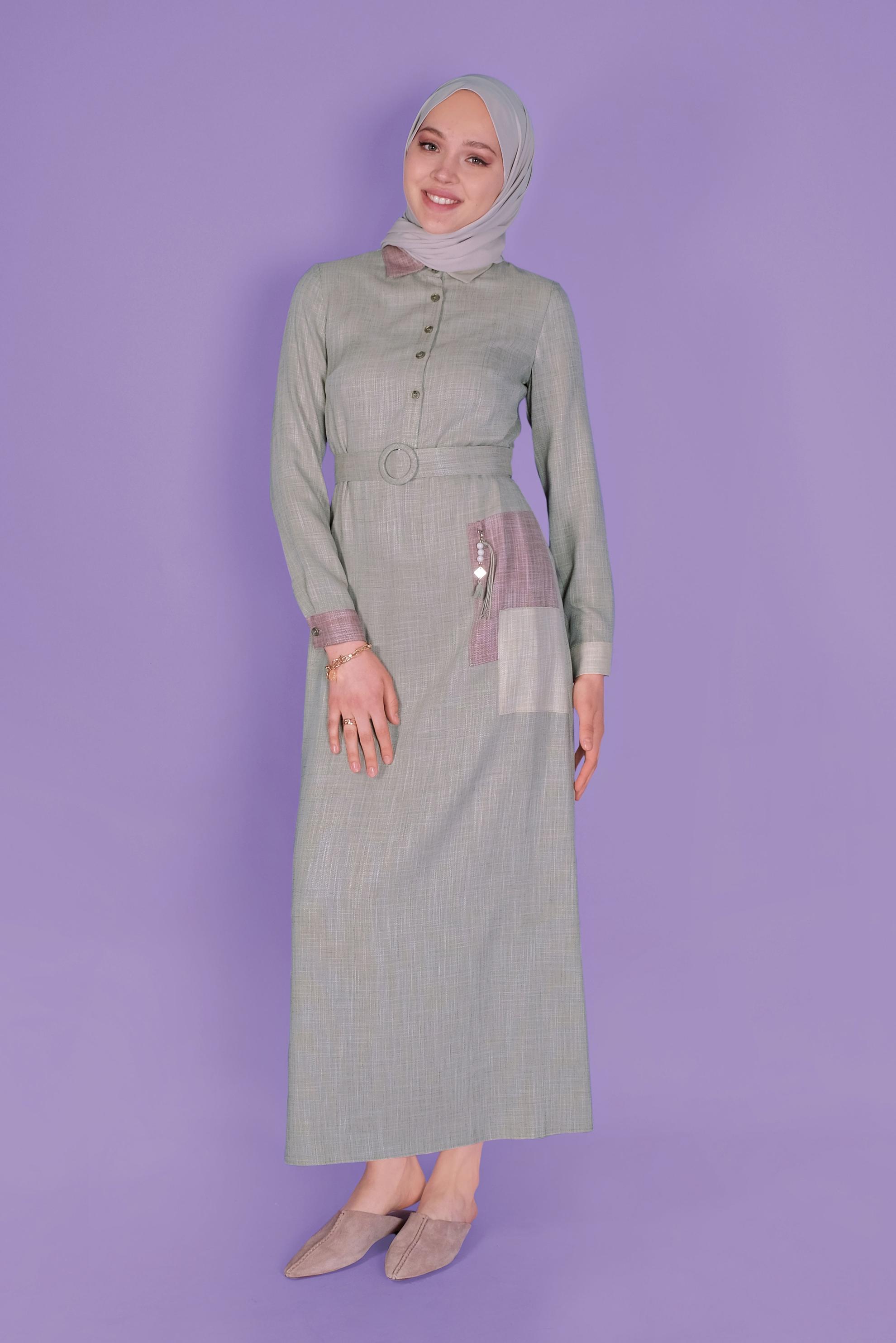 Tesettür giyim HAKİ KEMERLİ DÜĞMELİ ELBİSE 41403 