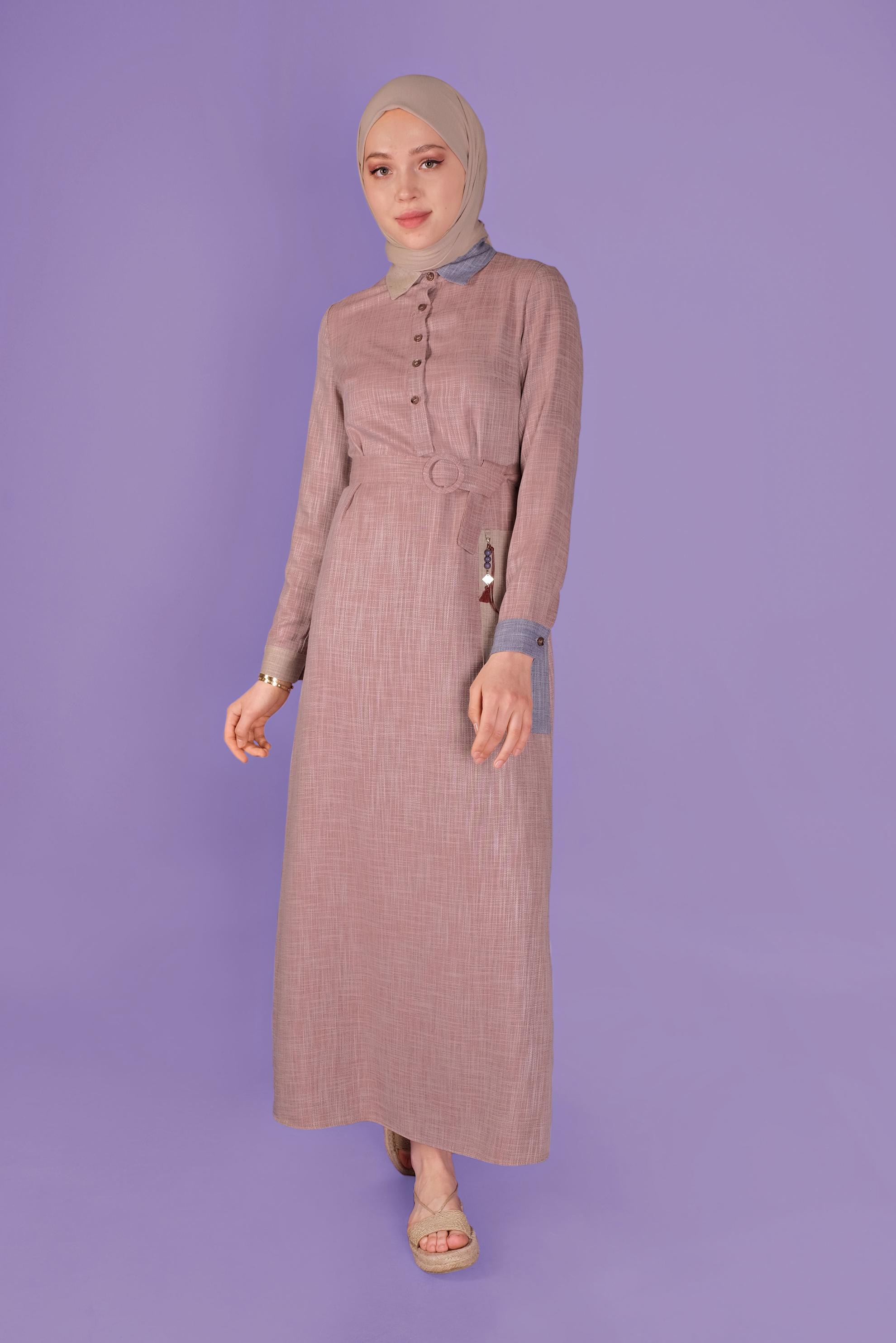 Tesettür giyim TURUNCU KEMERLİ DÜĞMELİ ELBİSE 41403 