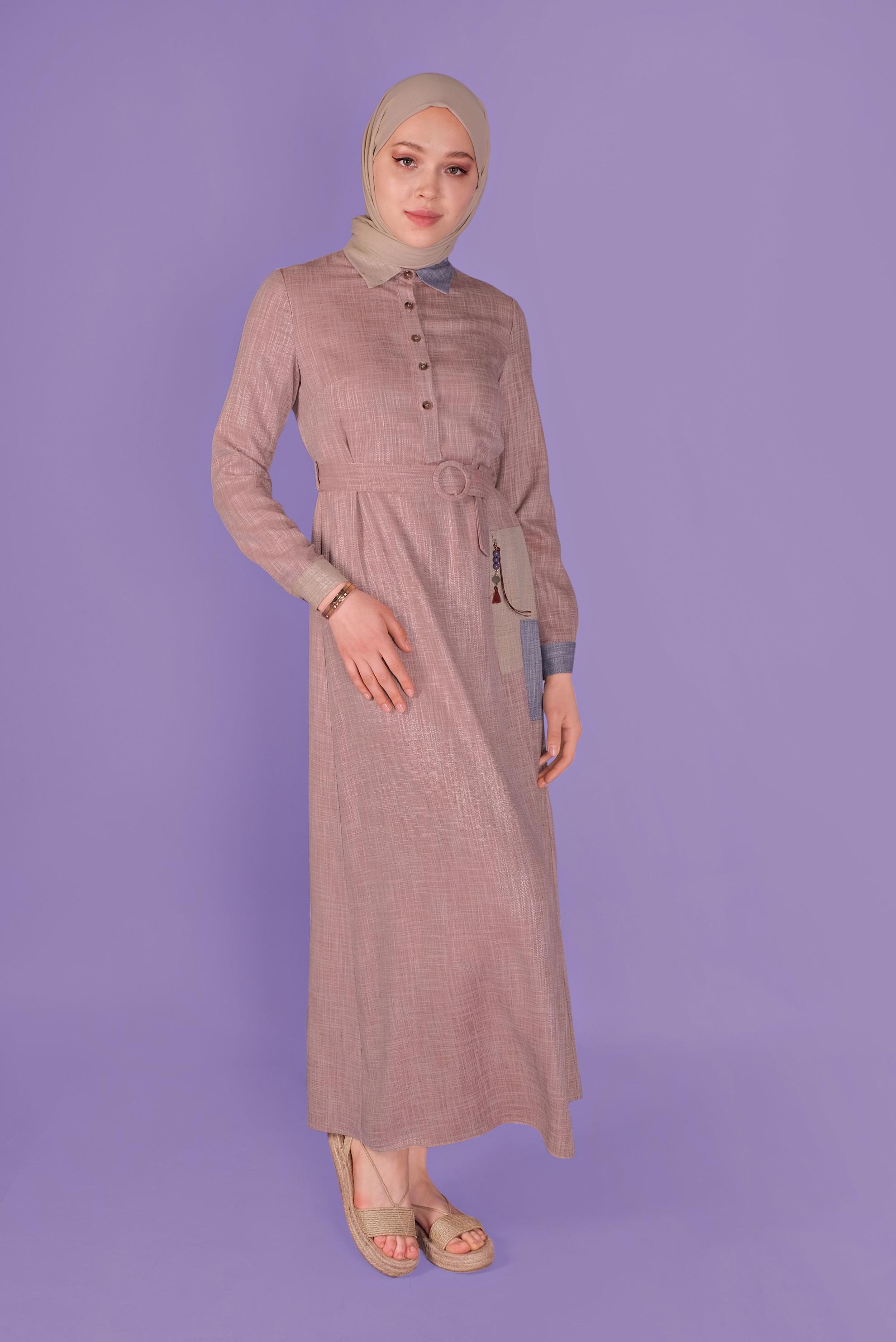 Tesettür giyim TURUNCU KEMERLİ DÜĞMELİ ELBİSE 41403 