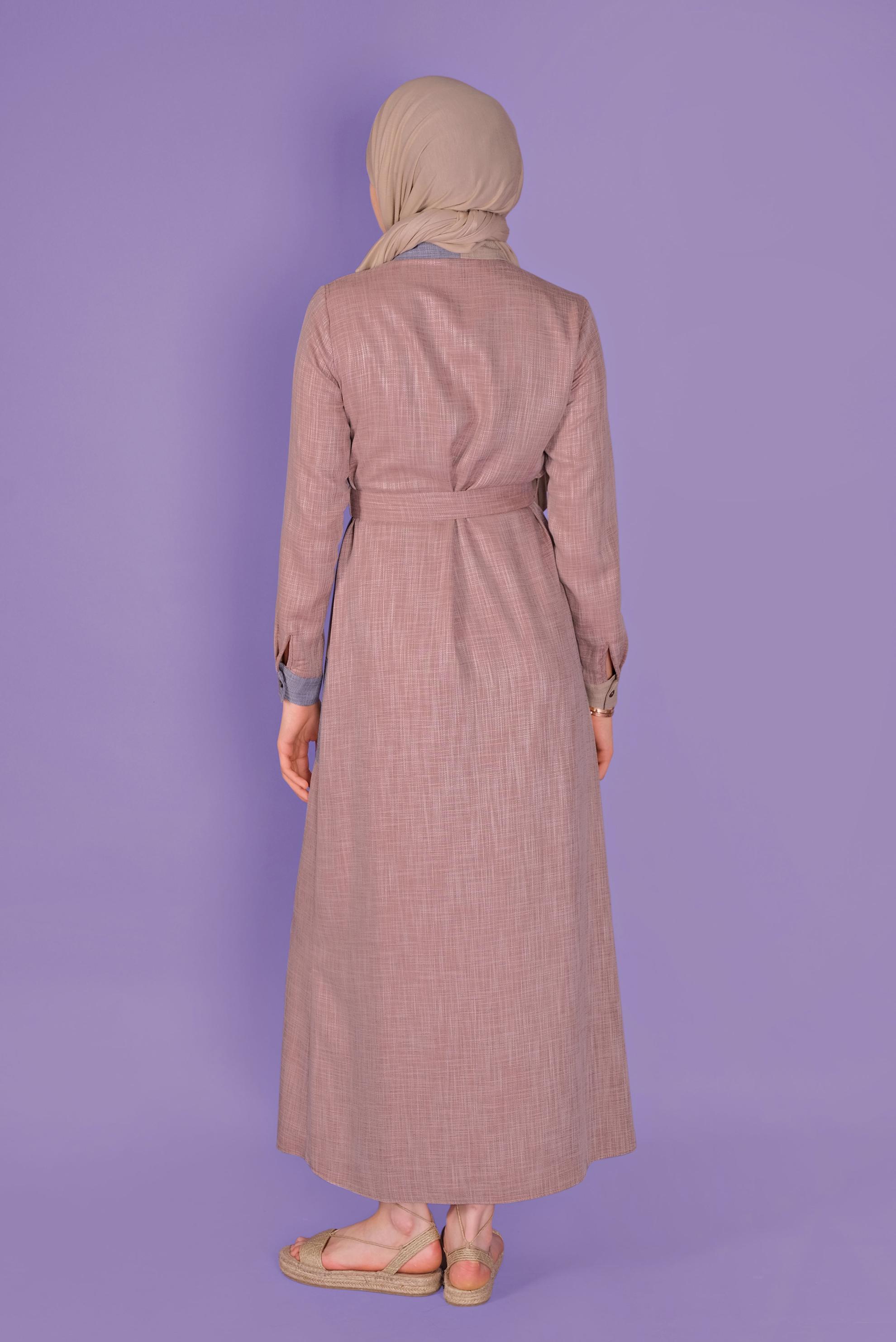 Tesettür giyim TURUNCU KEMERLİ DÜĞMELİ ELBİSE 41403 