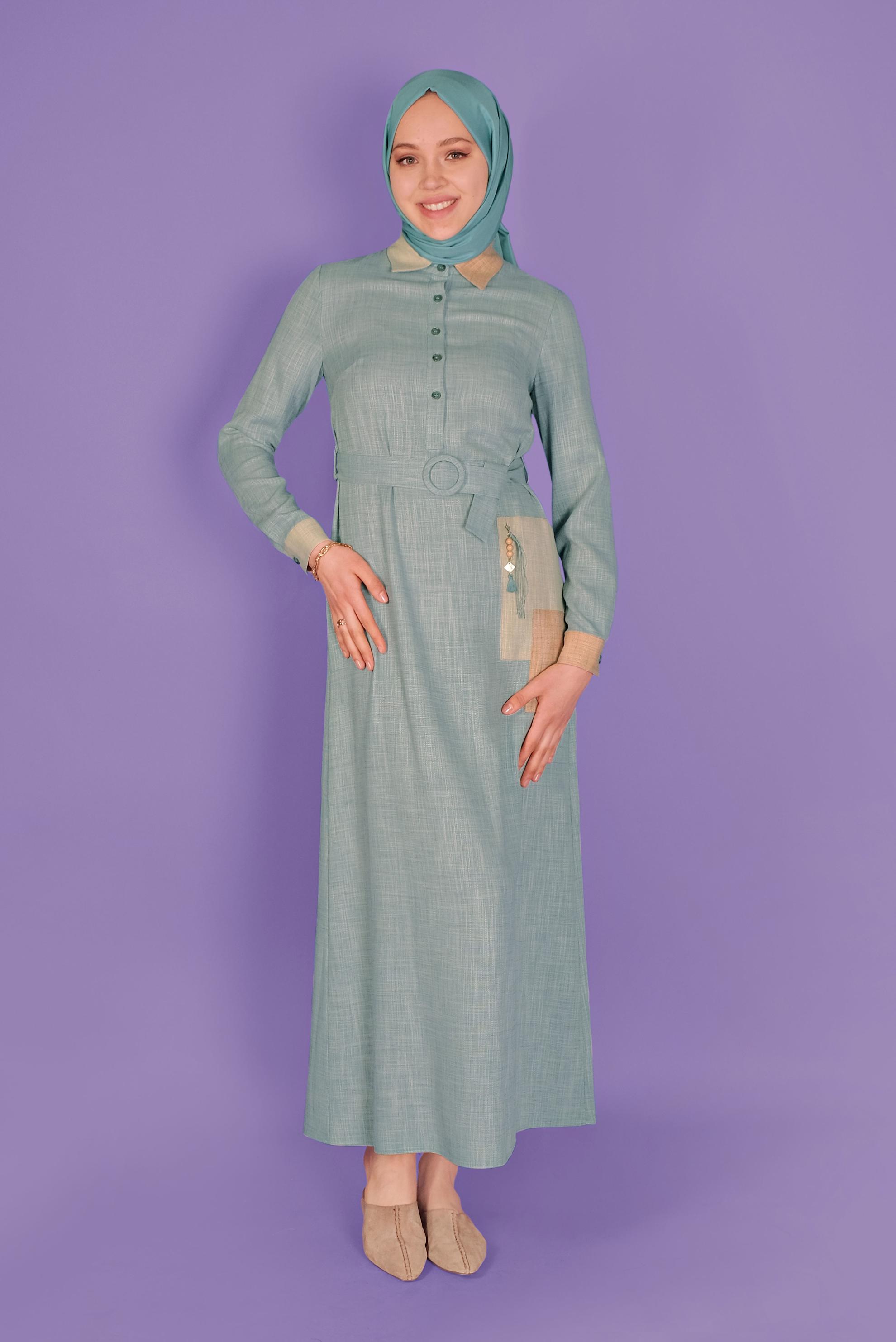 Tesettür giyim MAVİ KEMERLİ DÜĞMELİ ELBİSE 41403 