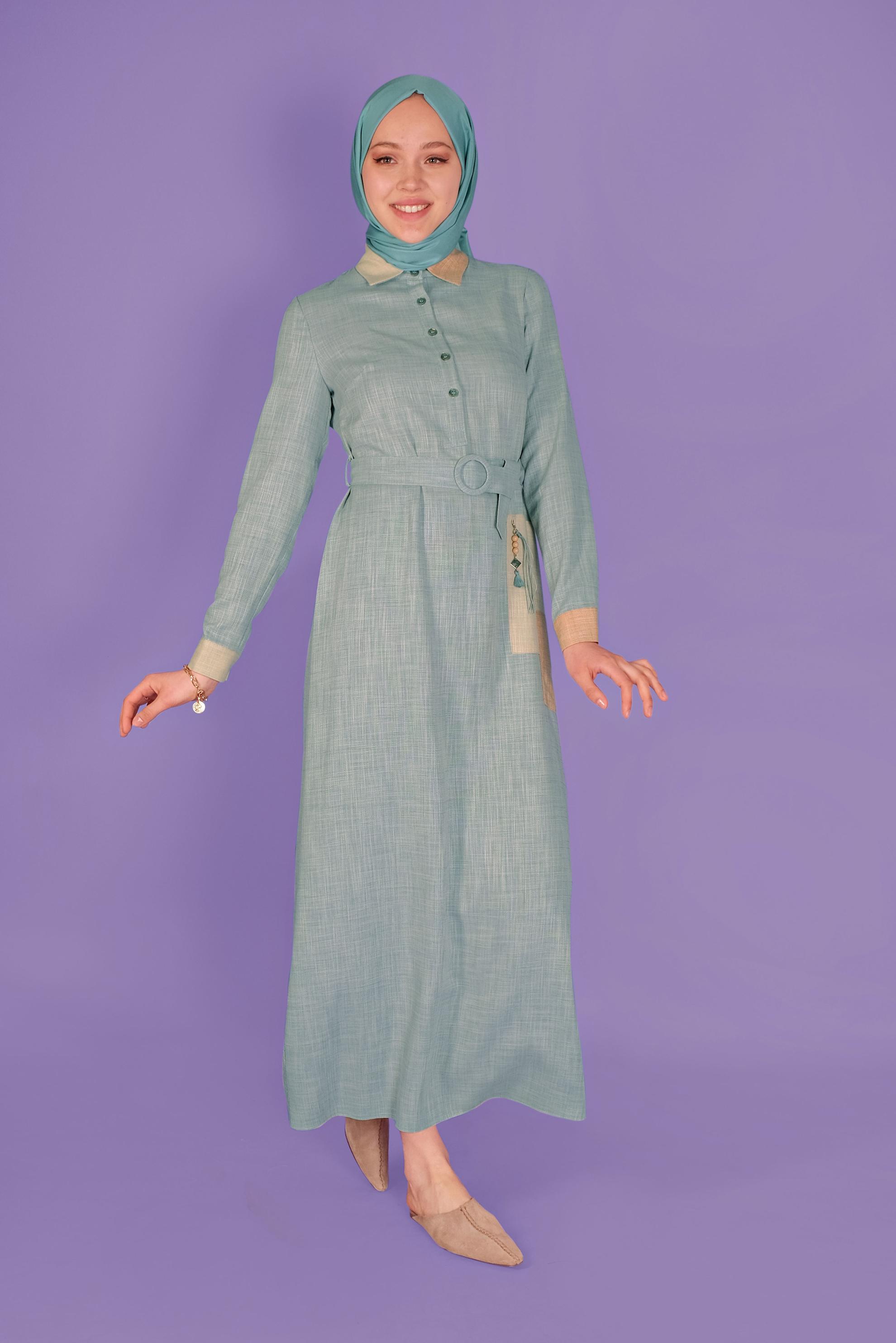 Tesettür giyim MAVİ KEMERLİ DÜĞMELİ ELBİSE 41403 